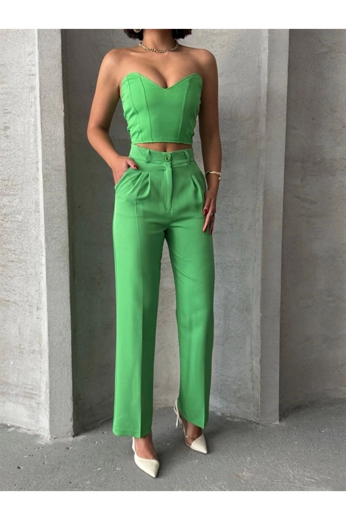 FASHIONLINE Palazzo pantolonlu alt üst takım yeşil