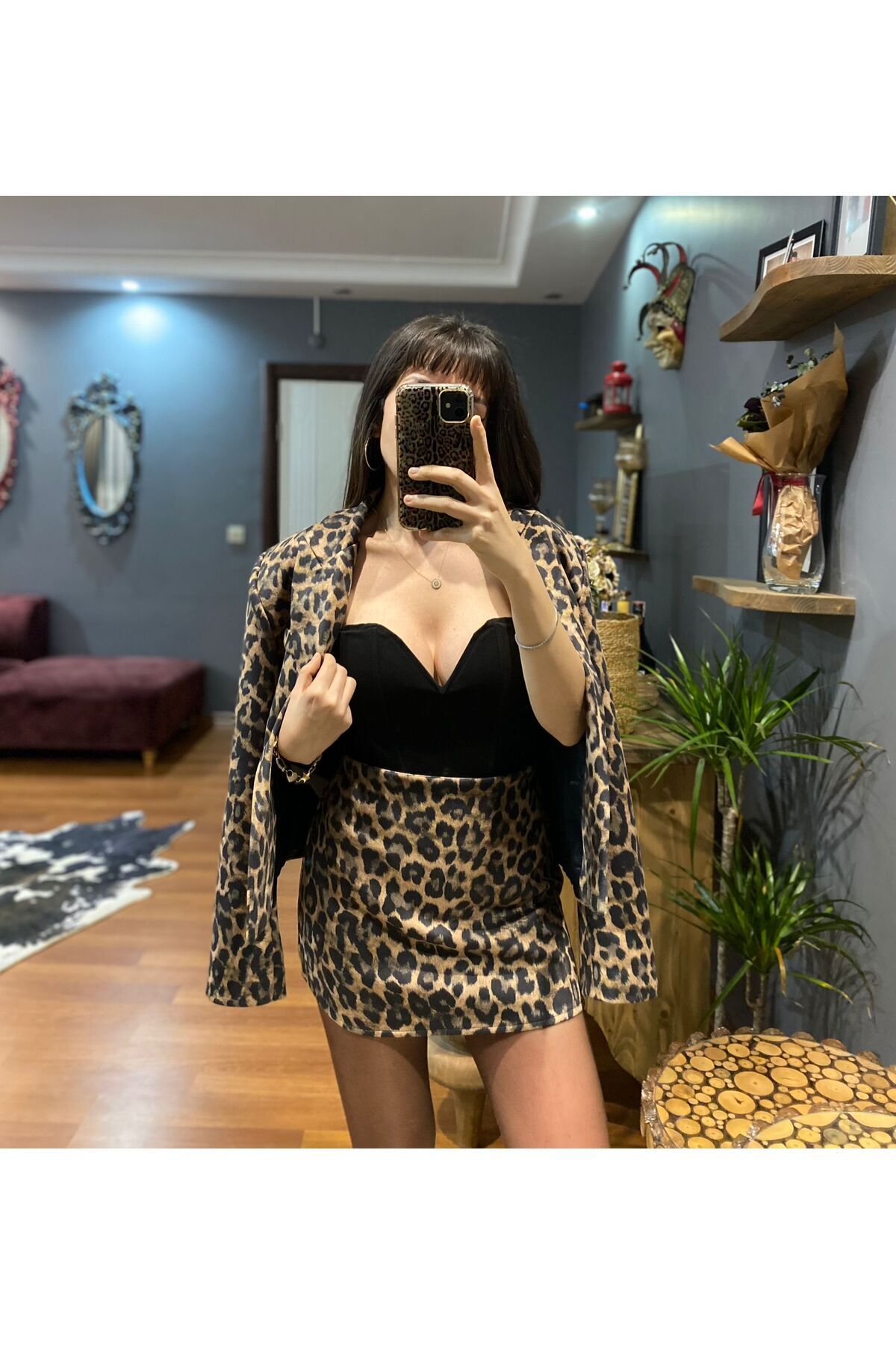 MODAGK-Leopard Pattern Soft Satin Suede Texture Jacket Skirt Set 1