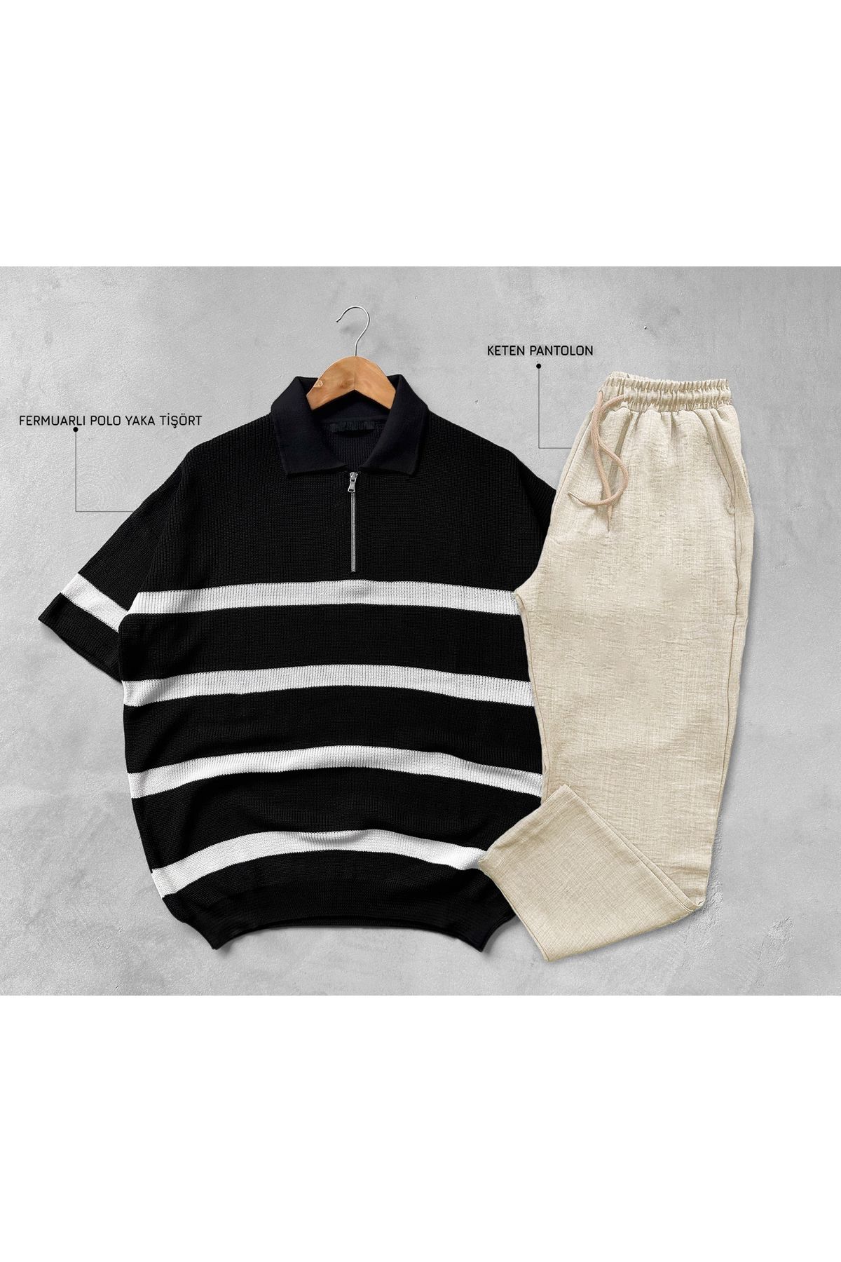 blucombin Yarım Fermuarlı Polo Yaka Örme Tişört ve Keten Pantolon 2li Set Alt Üst Takım Yazlık