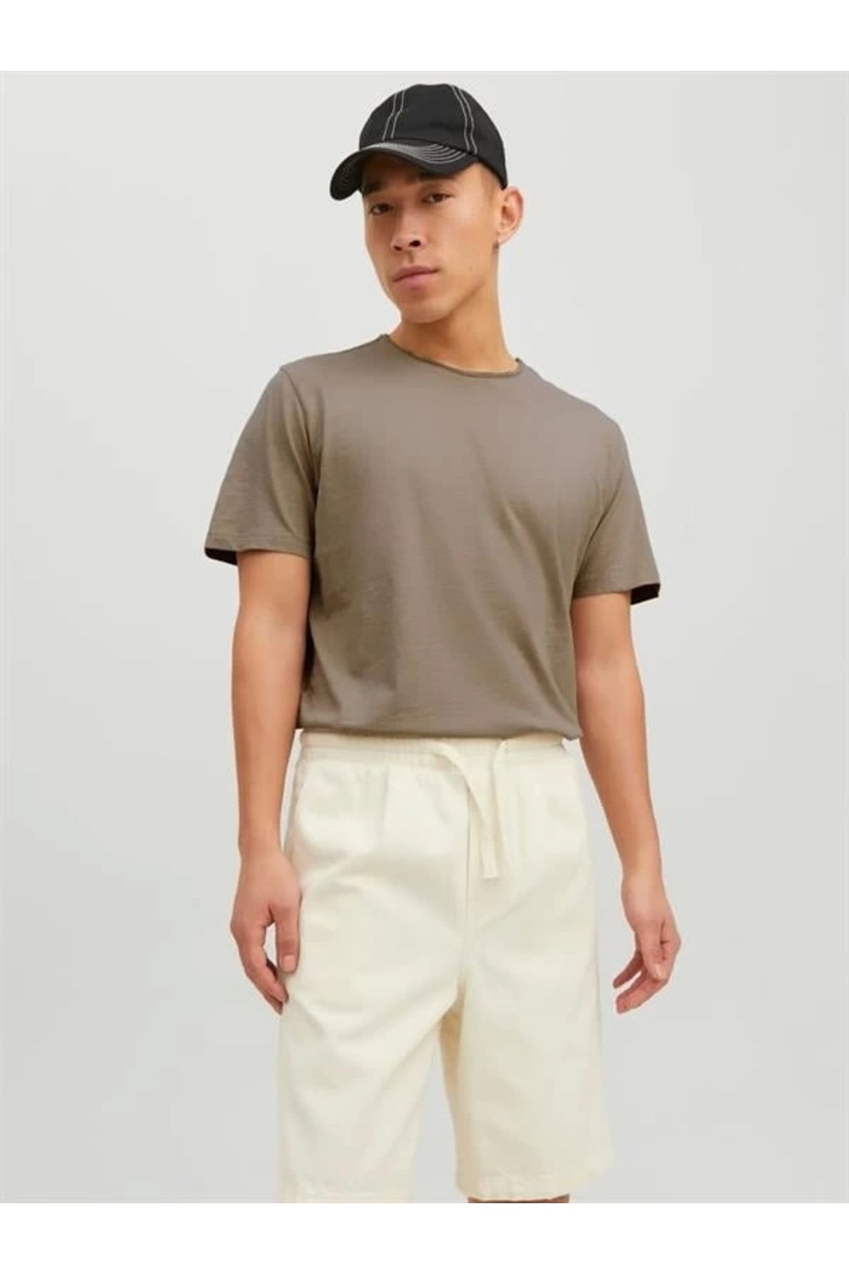 Alisim 12182498 Yırtık Yaka Oval Kesim Erkek Tshirt Bej