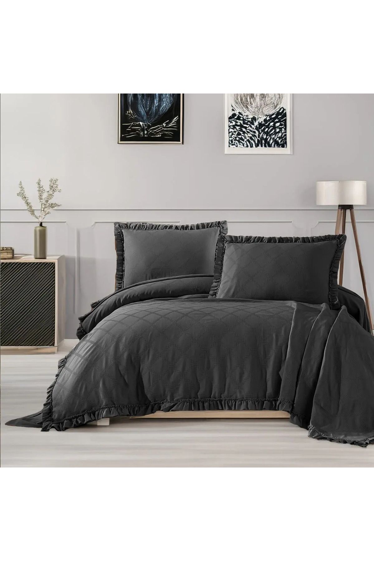 ELLE HOME Emilia Çift Kişilik Pike Takımı - Antrasit