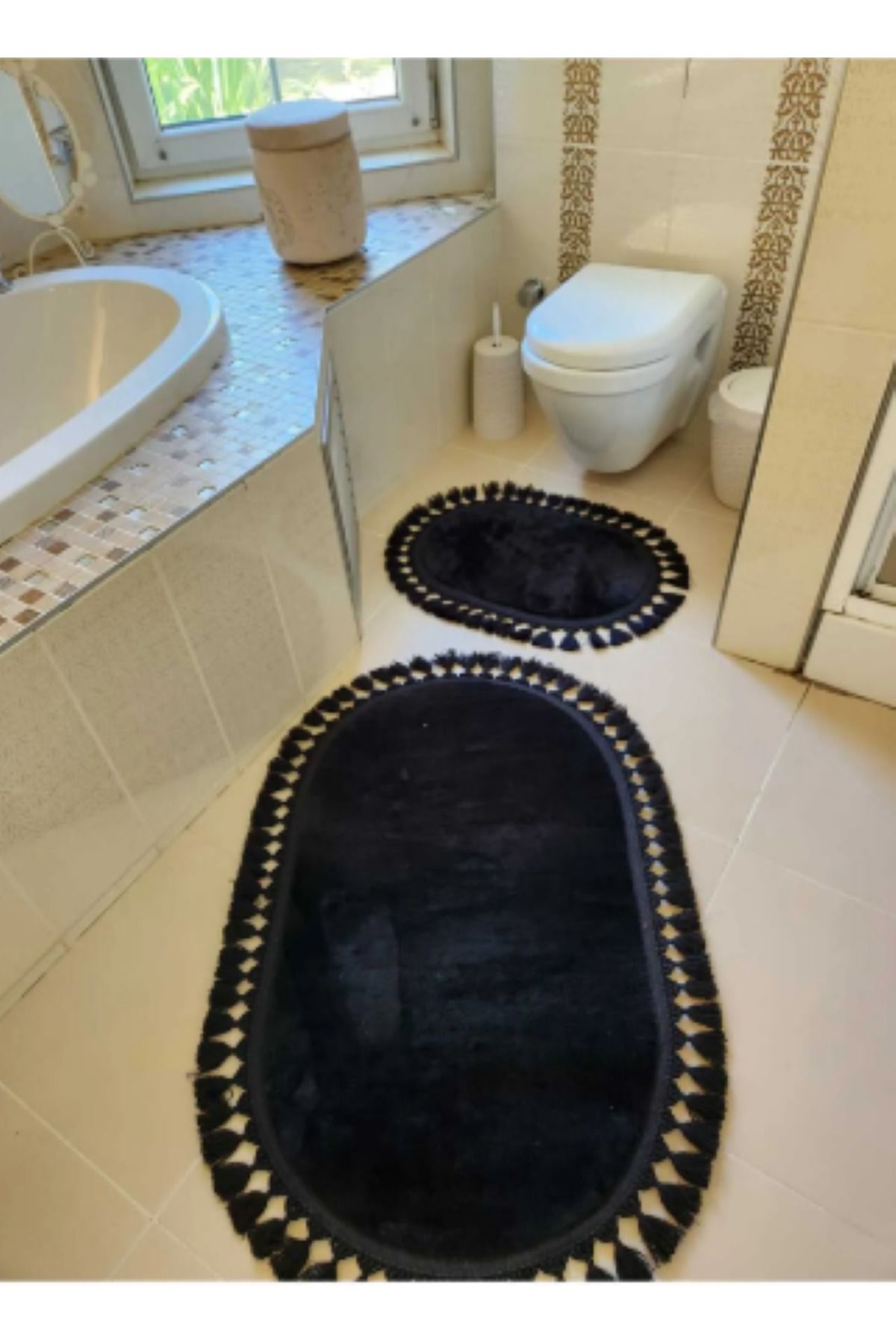 SERİA HALI Yıkanabilir Saçaklı Kaymaz Dot Taban Yumuşak Peluş Banyo Paspası 2'li Set 60x100ve40x60cm