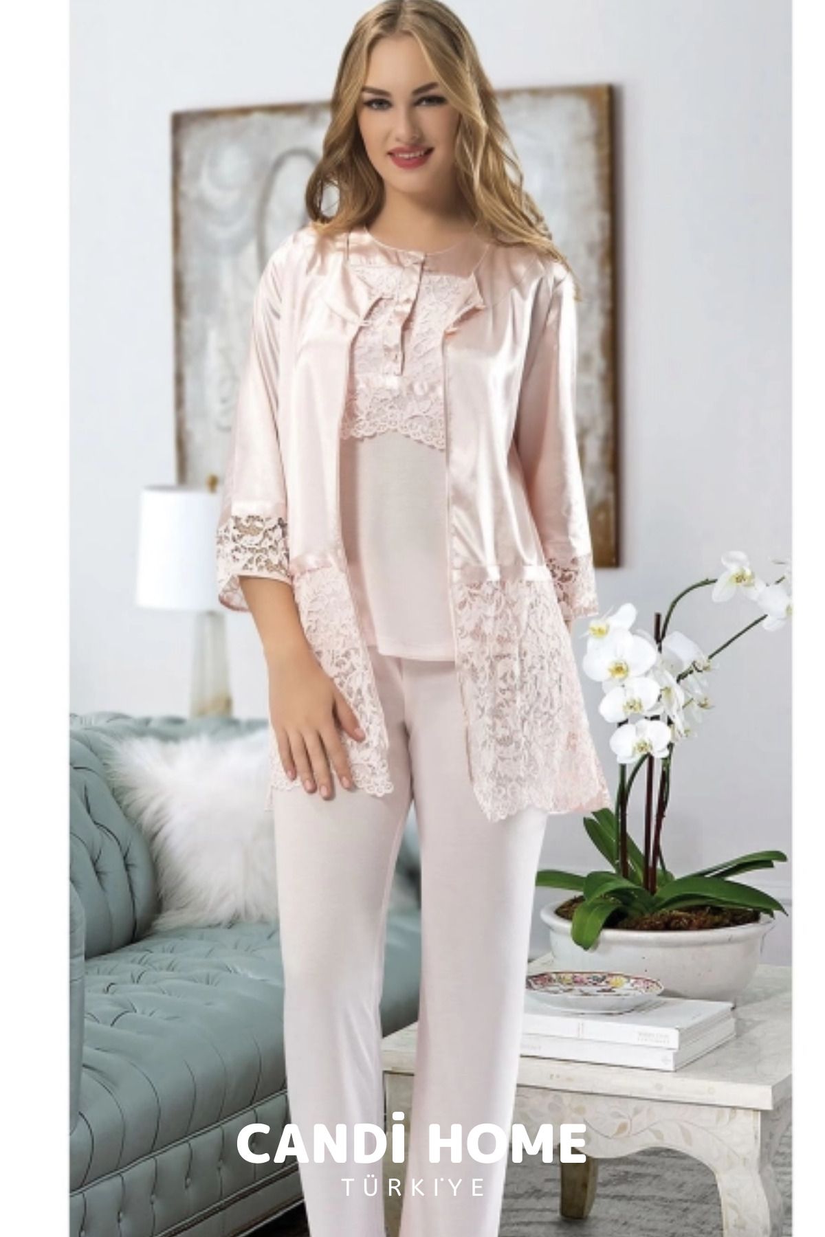 HOBİ CONDİ New Premium Özel Seri Rahat Çeyizlik Kadın Şık Zarif Pudra Penye Pijama Takımı