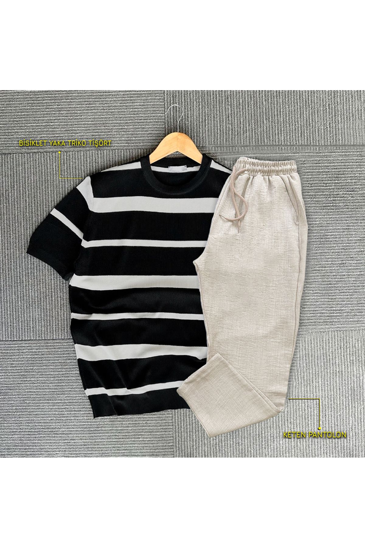 blucombin Bisiklet Yaka Örme Tişört ve Keten Pantolon 2li Set Alt Üst Takım Yazlık