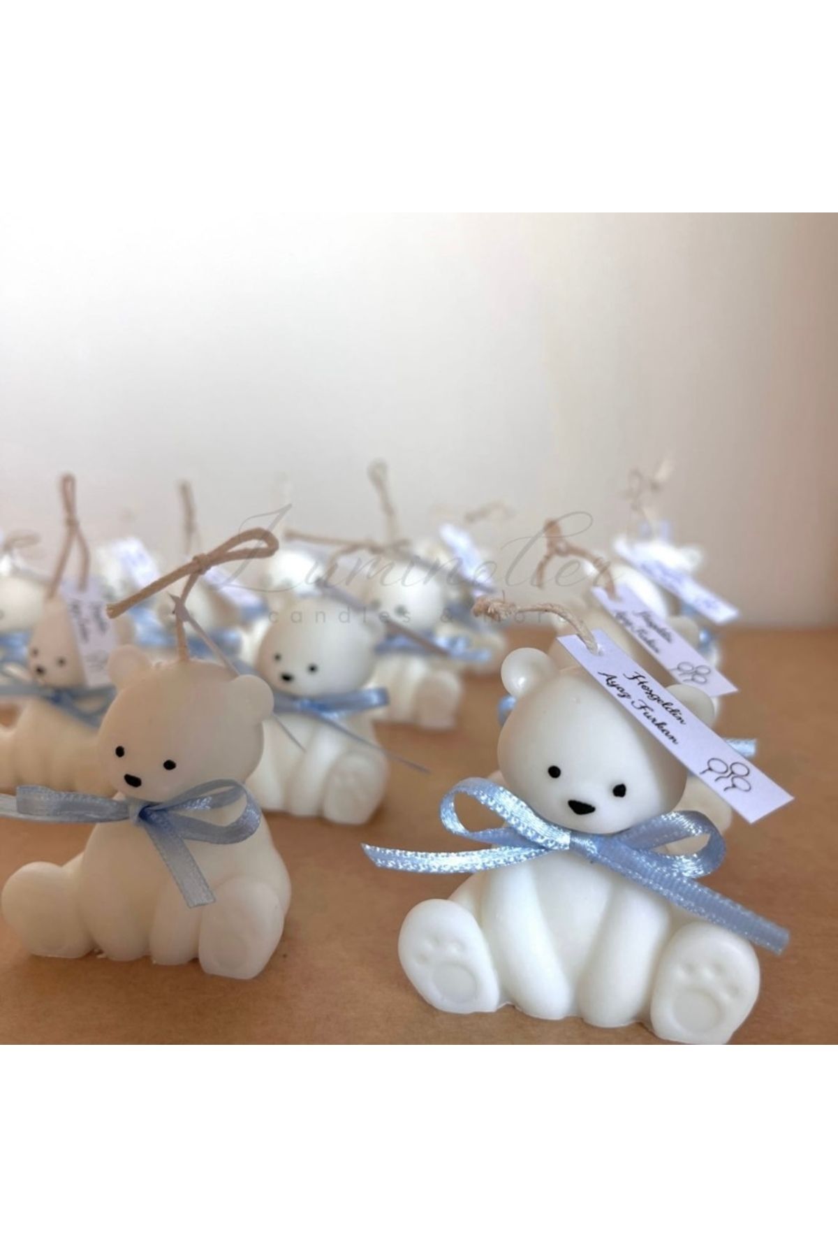 candleandgiftland Beyaz Mavi/Pembe Kurdeleli Ayıcık Mum Bebek Hediyelik