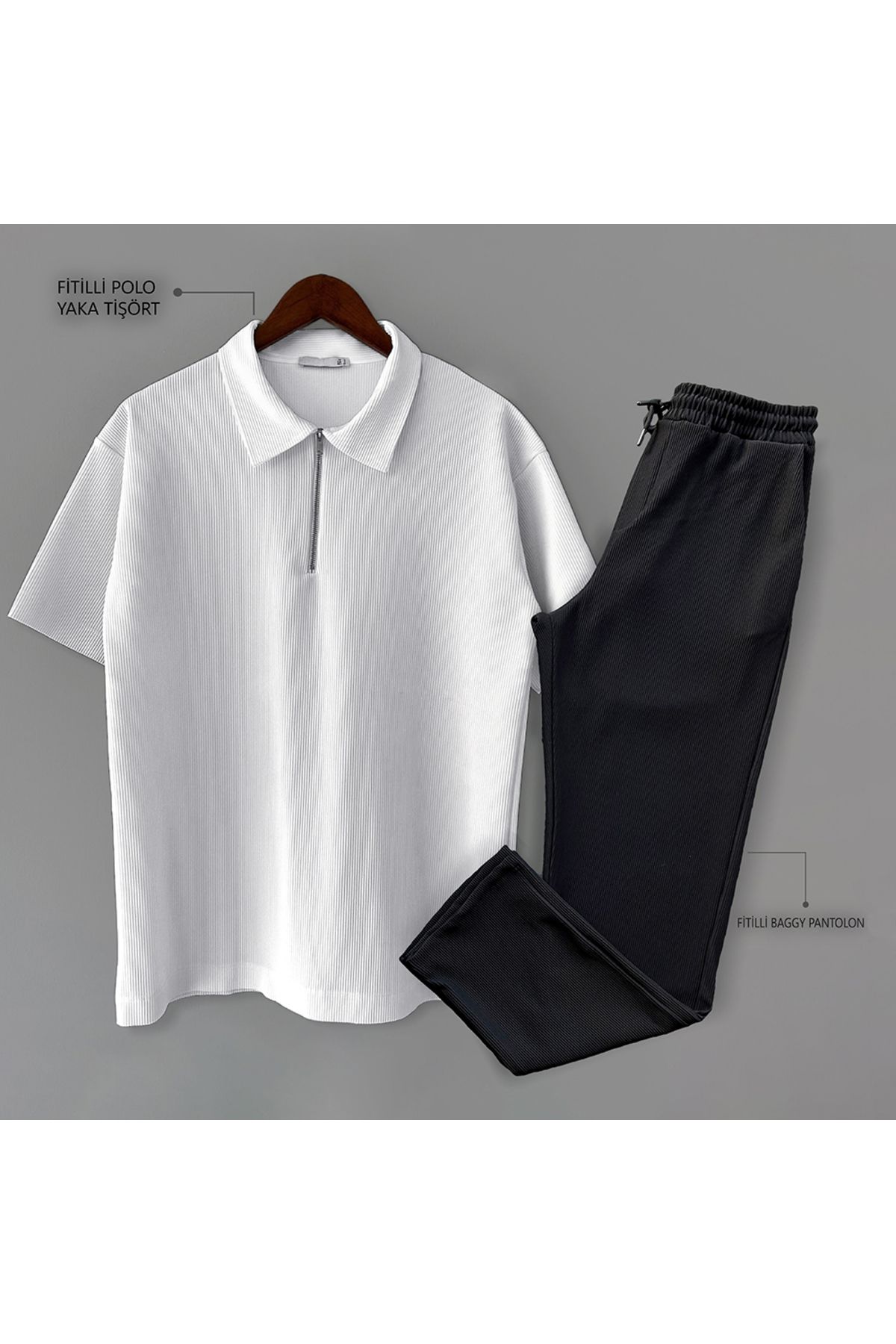 blucombin Fitilli Ottoman Polo Tişört ve Pantolon Alt Üst Takım 2li Set