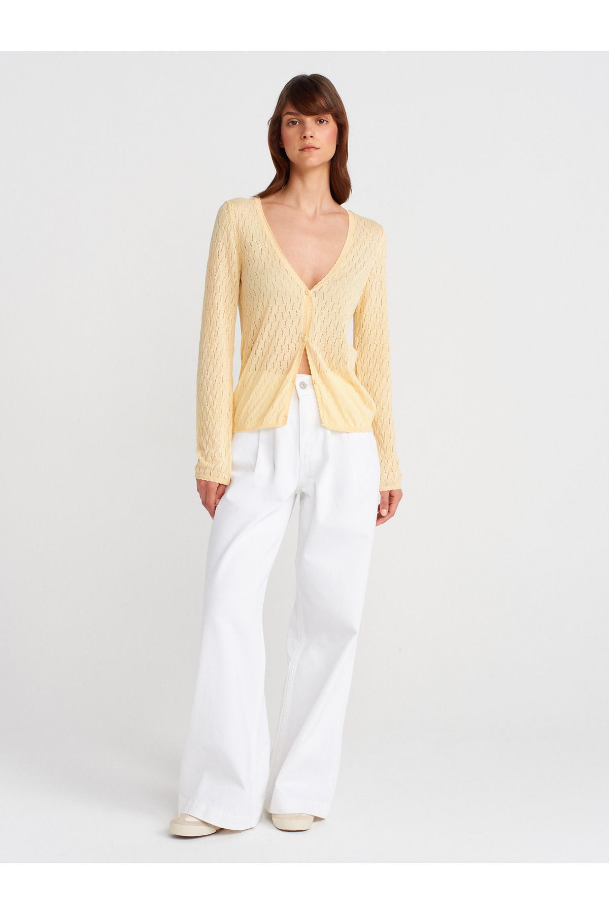 Dilvin-60969 V-Neck Openwork Button Slim Knitwear Cardigan-Yellow 4