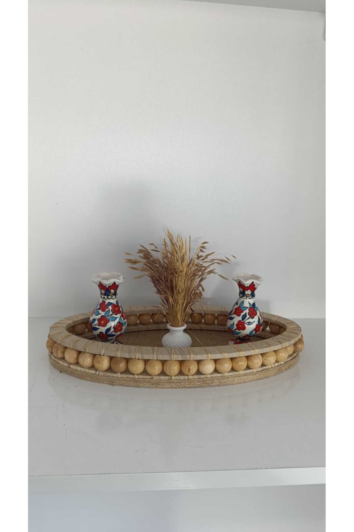Sorgun Kadın Kooperatifi Boncuklu Oval Ahşap Dekoratif Tepsi (35x17 cm)