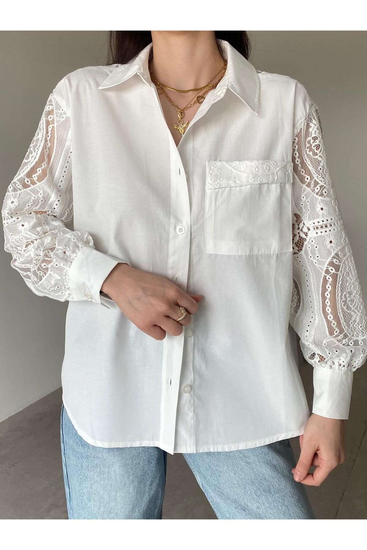 Moda İn Love Dantel kol beyaz gömlek
