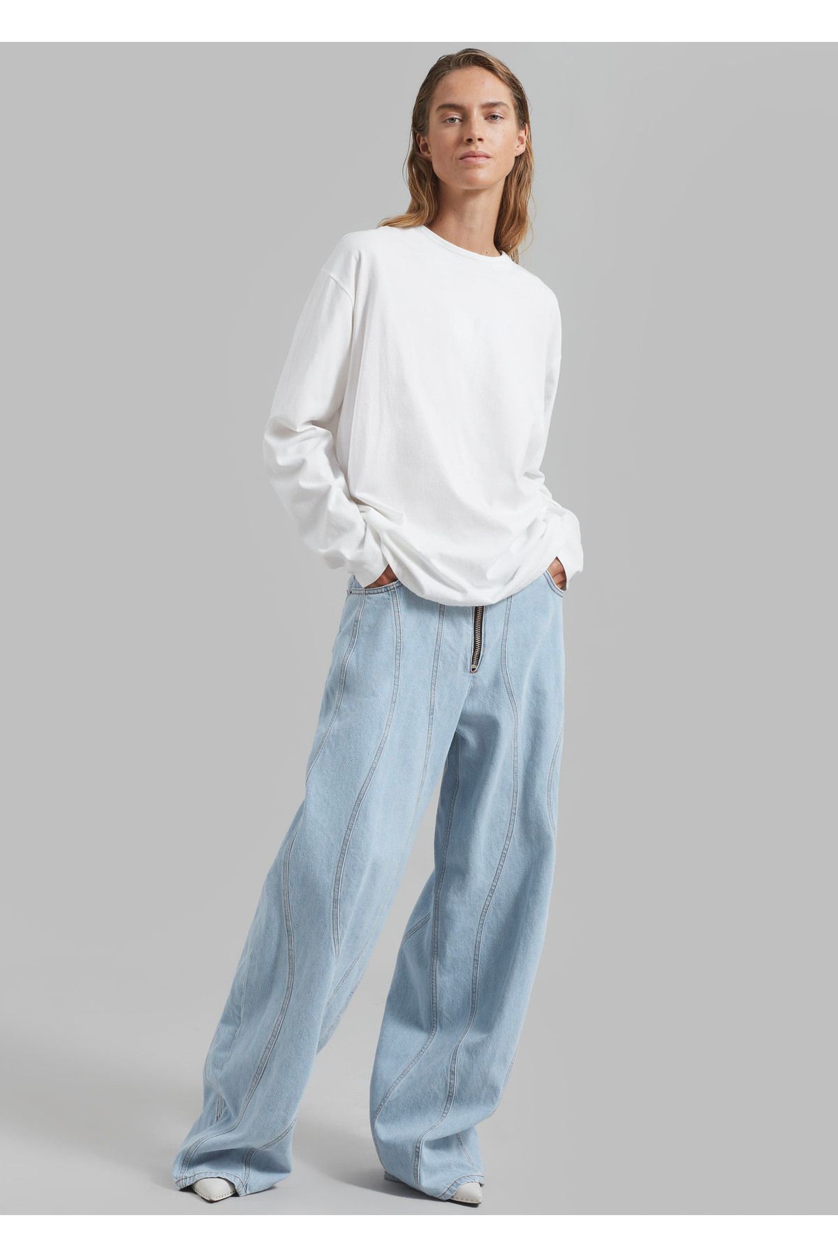 360KSTORE Beyaz Bisiklet Yaka Uzun Kollu Oversize Tişört