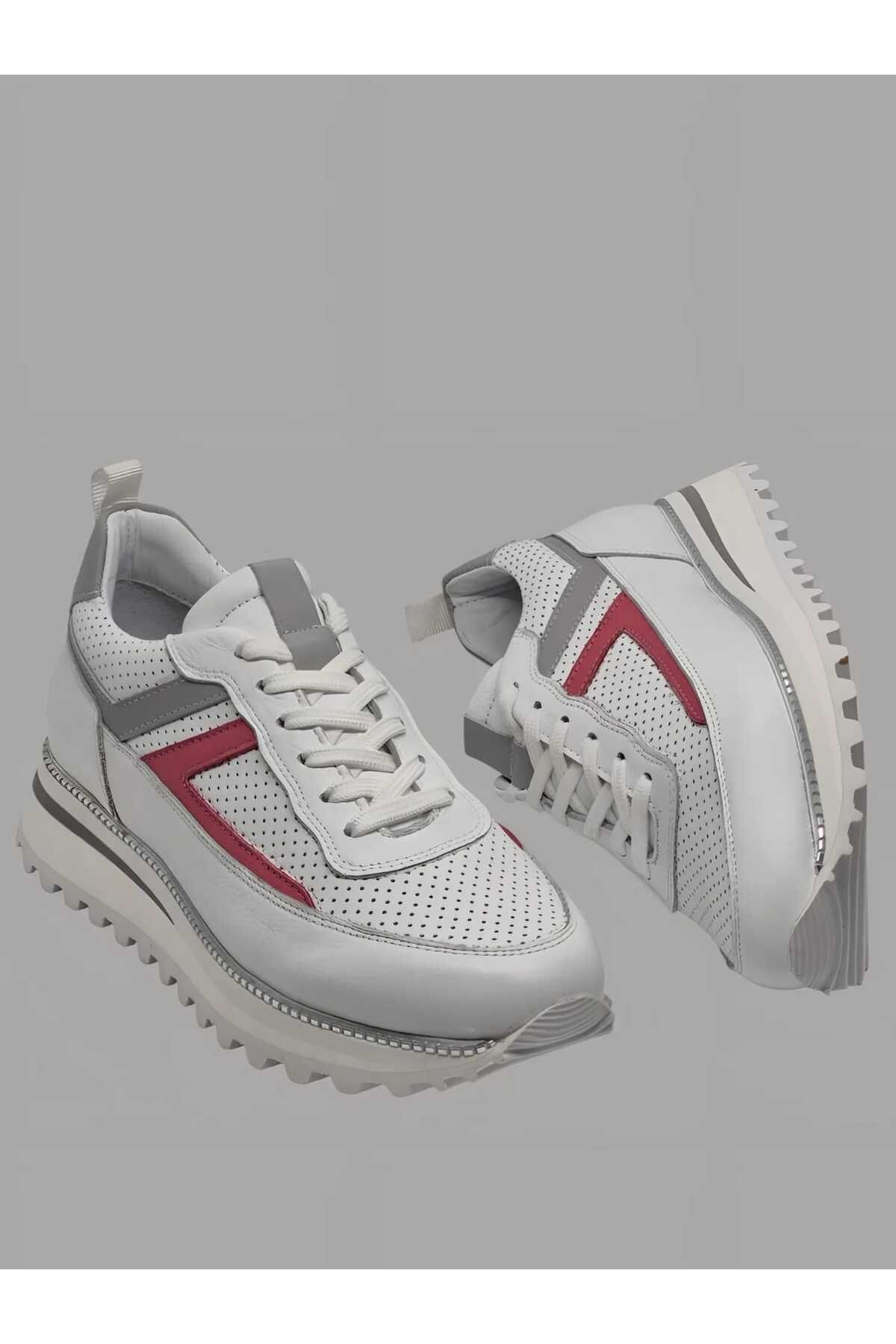 Vera Pelle Shoes Hakiki Deri Beyaz Delikli Fuşya Gri Detaylı Eva Taban Sneaker