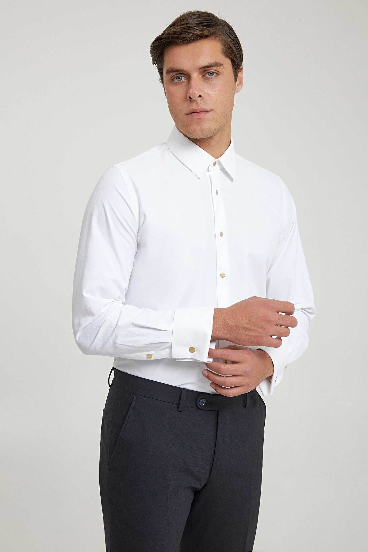 D'S Damat Ds Damat Slim Fit Beyaz Armürlü Smokin Gömlek