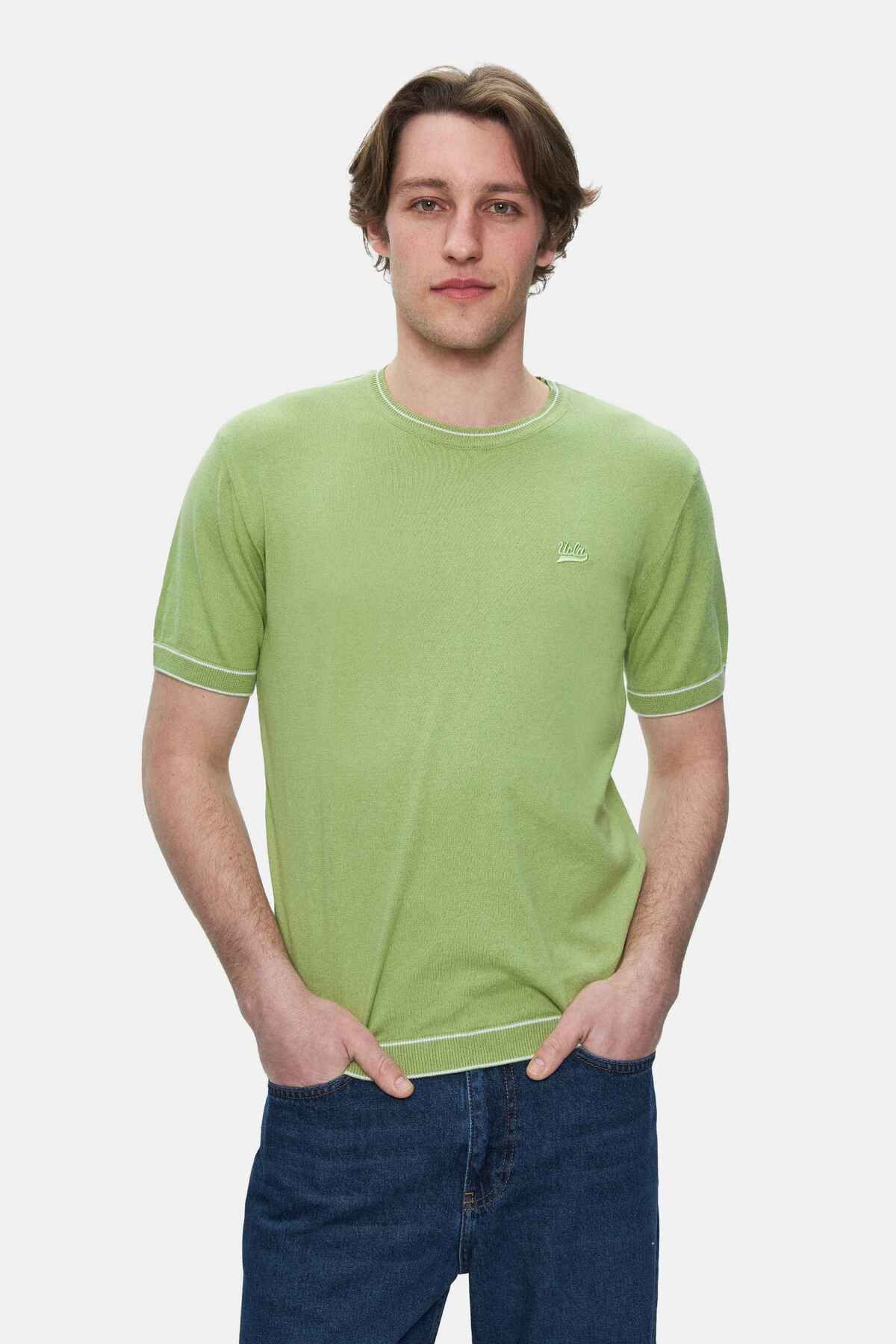 UCLA FARED Duman Yeşili Bisiklet Yaka Triko Nakışlı Standard Fit Erkek Tshirt