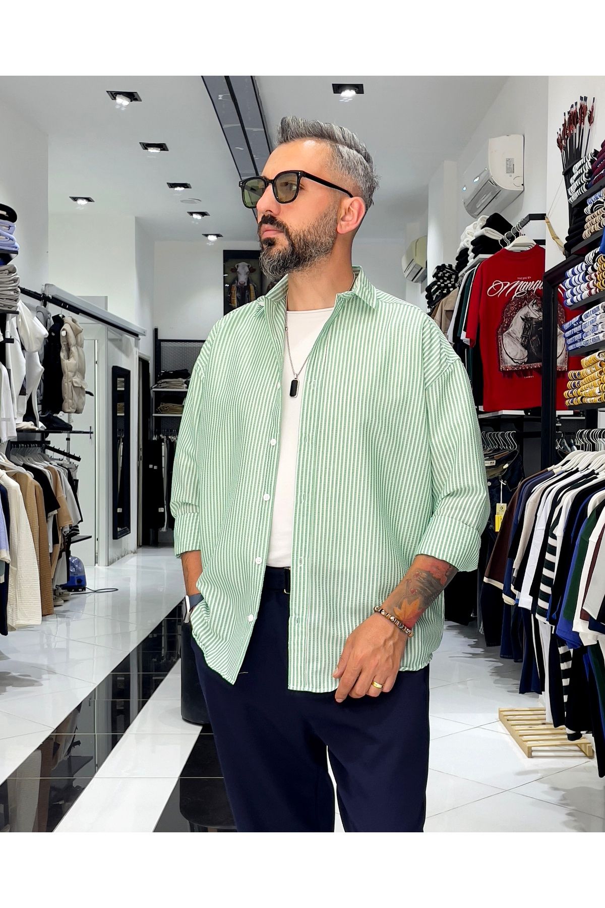 Higo Man Gofre Kumaş Çizgili Oversize Erkek Gömlek