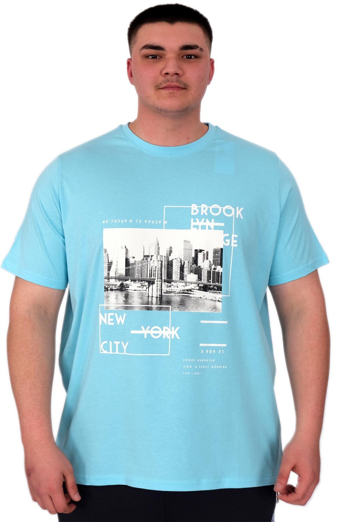 ModeXL Mode XL Büyük Beden Erkek T-Shirt Bisiklet Yaka New York U25005 Turkuaz