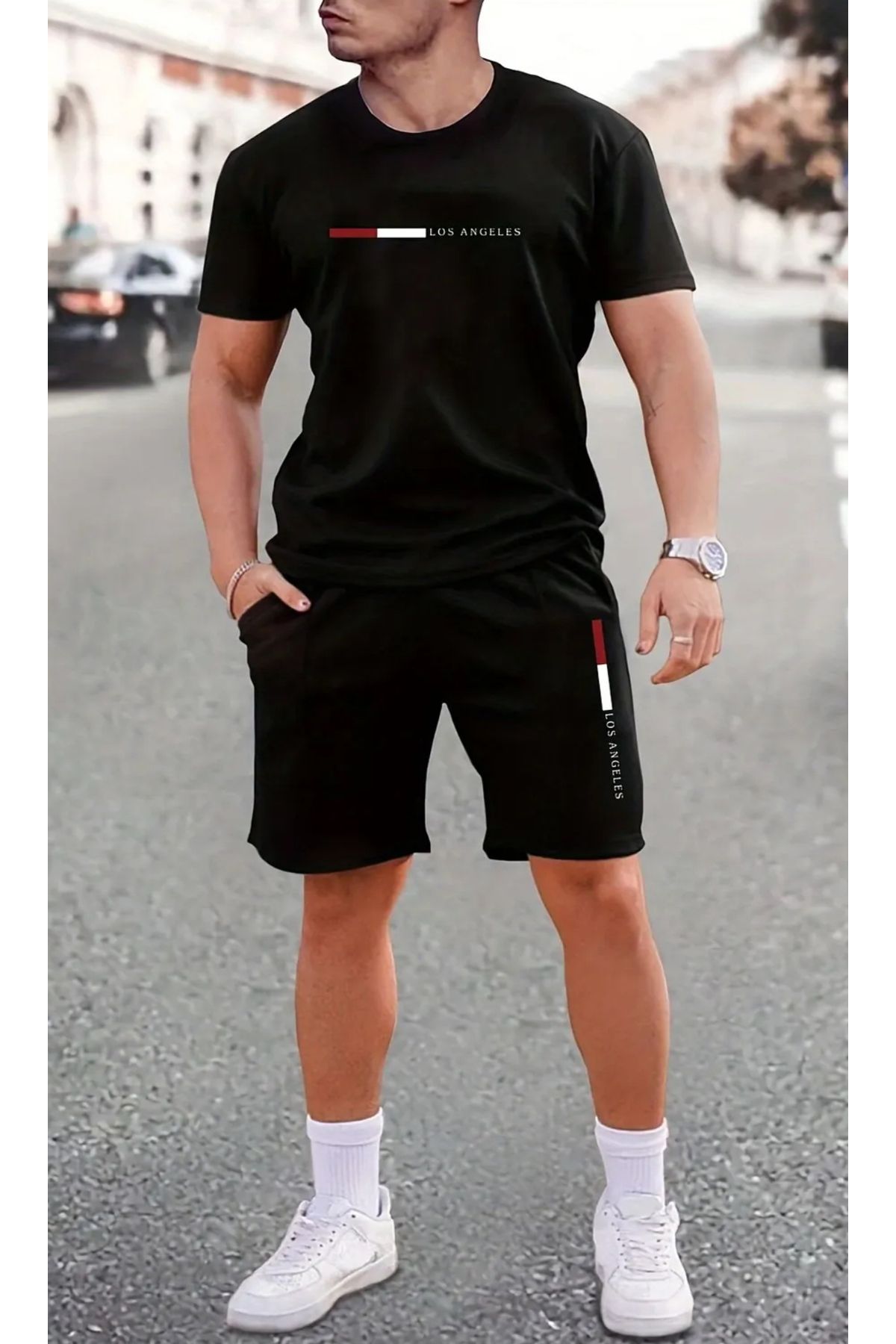 EQİ Los angeles baskılı erkek T-shirt-şort takım
