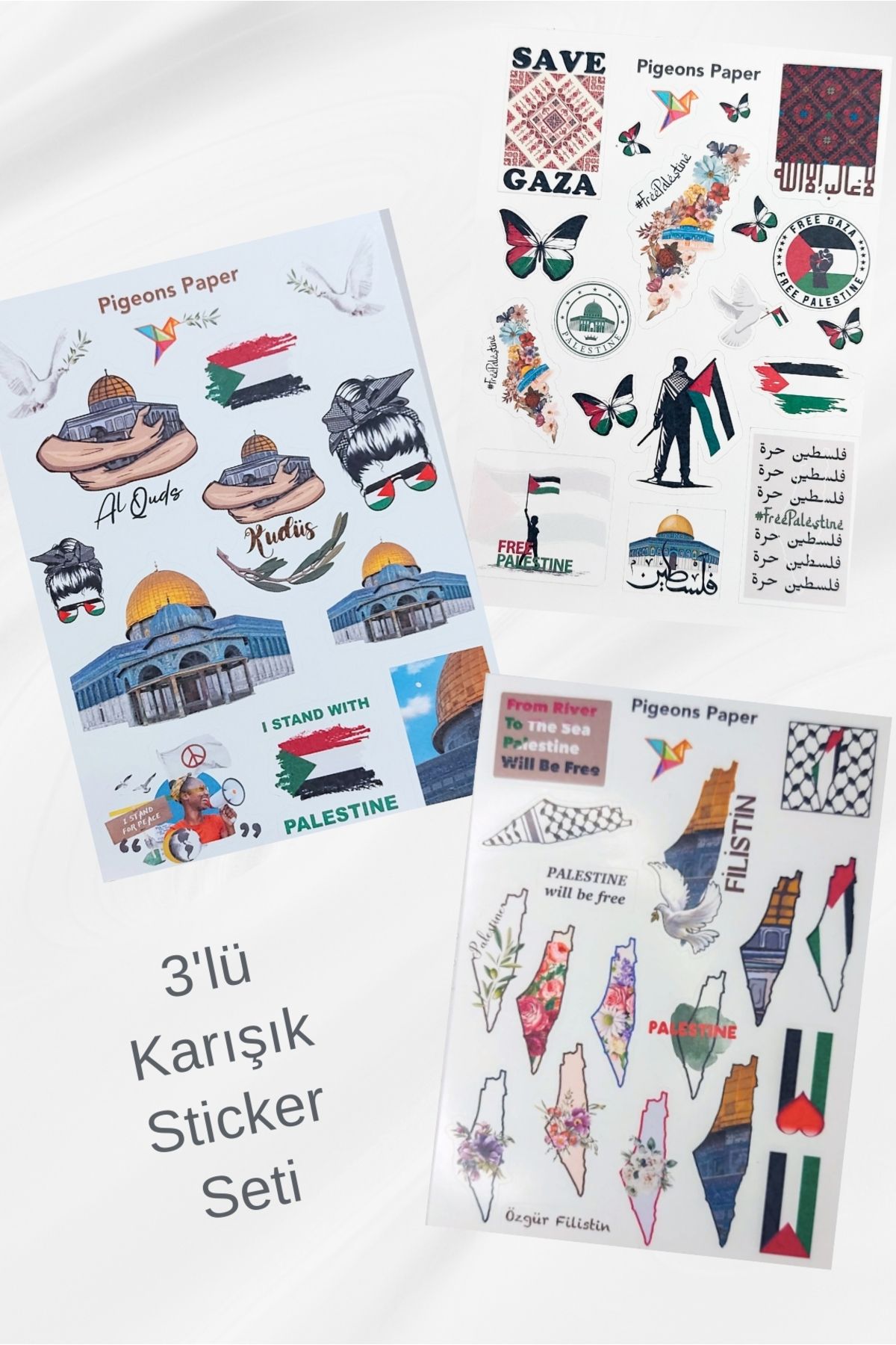 Pigeons Paper 3'lü Filistin Temalı Sticker Seti - Avantajlı Set