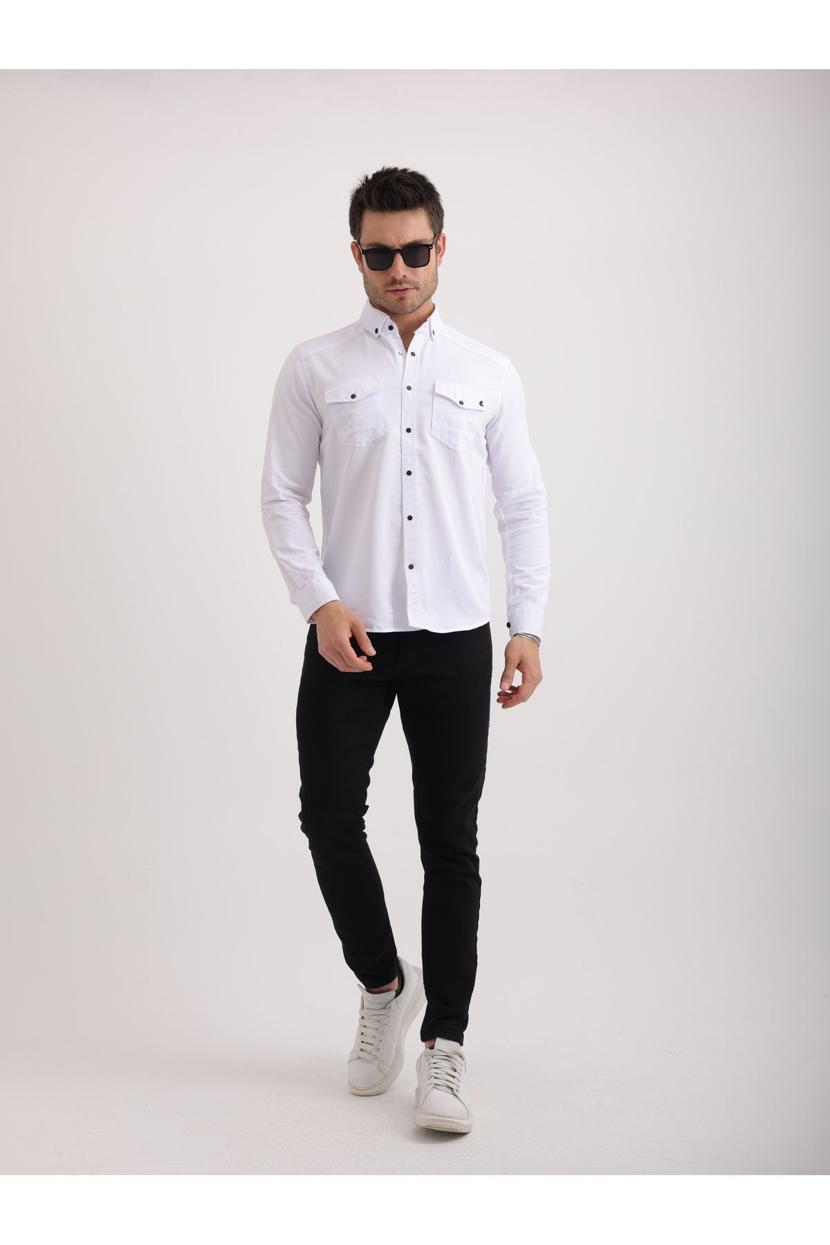 Sabe Erkek Slim Fit Beyaz Likralı Kot Gömlek