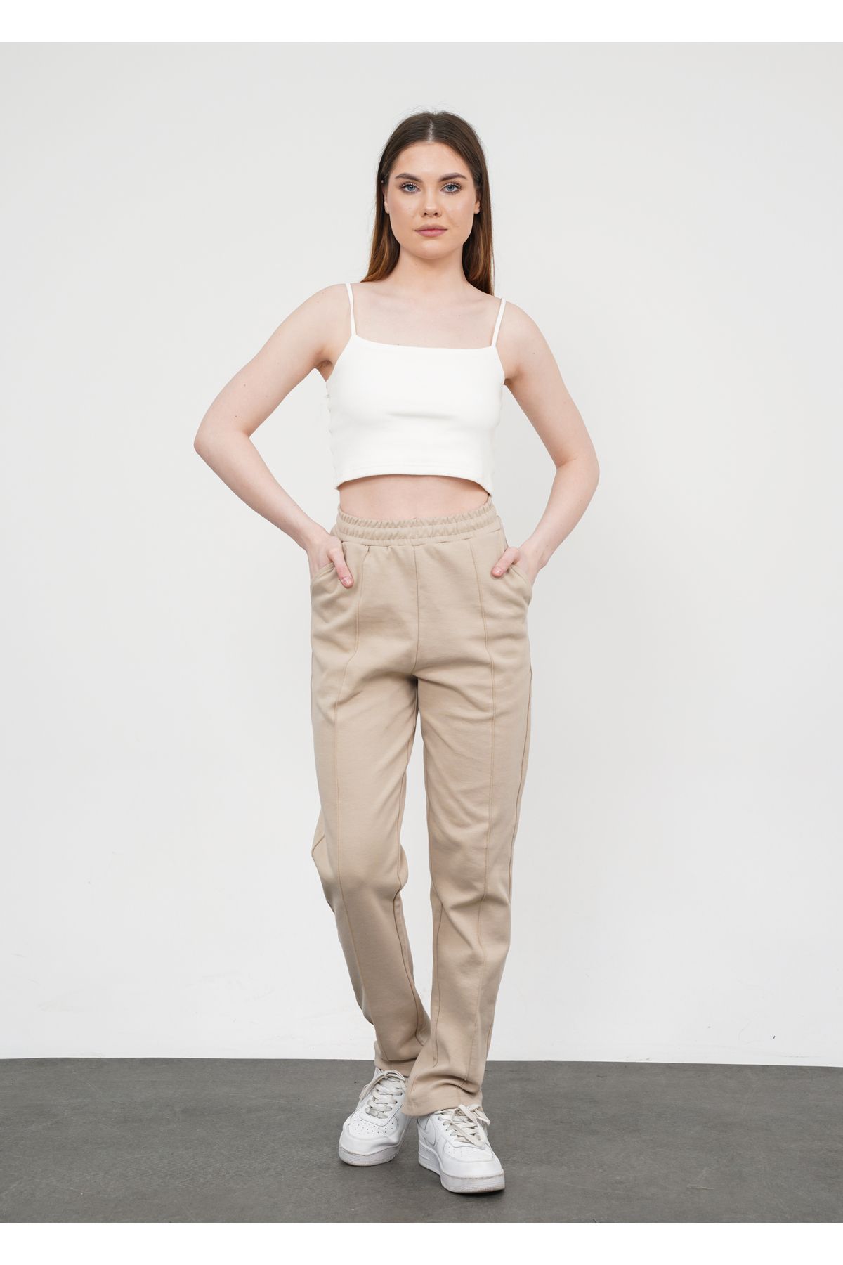 Ay Moda Collection Bol Paça İçten Kordonlu Cepli ve Nervür Dikişli Kadın Eşofman altı