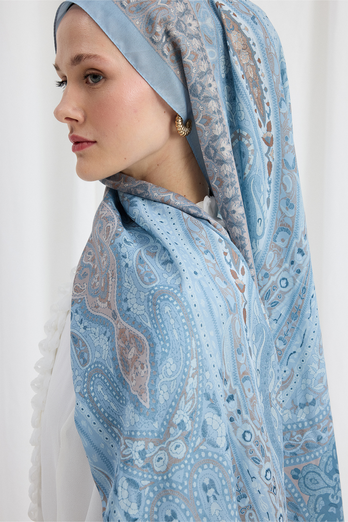 cs camellia scarf Vela Desen Soft Şal - Mavi görsel 3