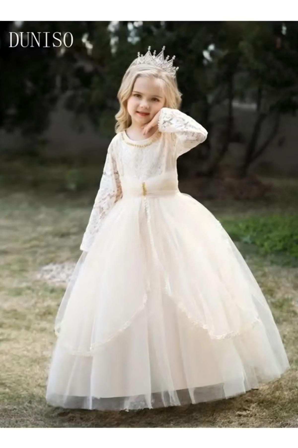 Generic-DUNISO Girls Dress Kids Evening Dress Long Sleeve Lace Party Dresses with Tutu Skirt 4