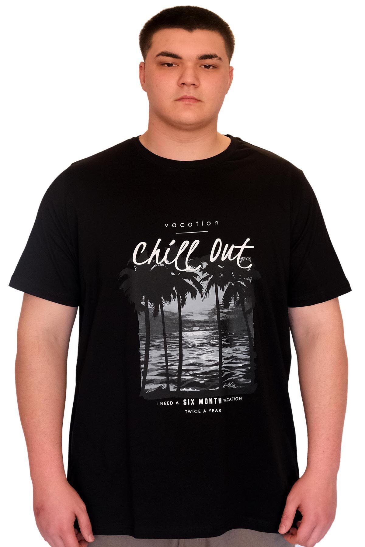 ModeXL Mode XL Büyük Beden Erkek T-Shirt Bisiklet Yaka CHILL OUT Baskılı U25008 Siyah