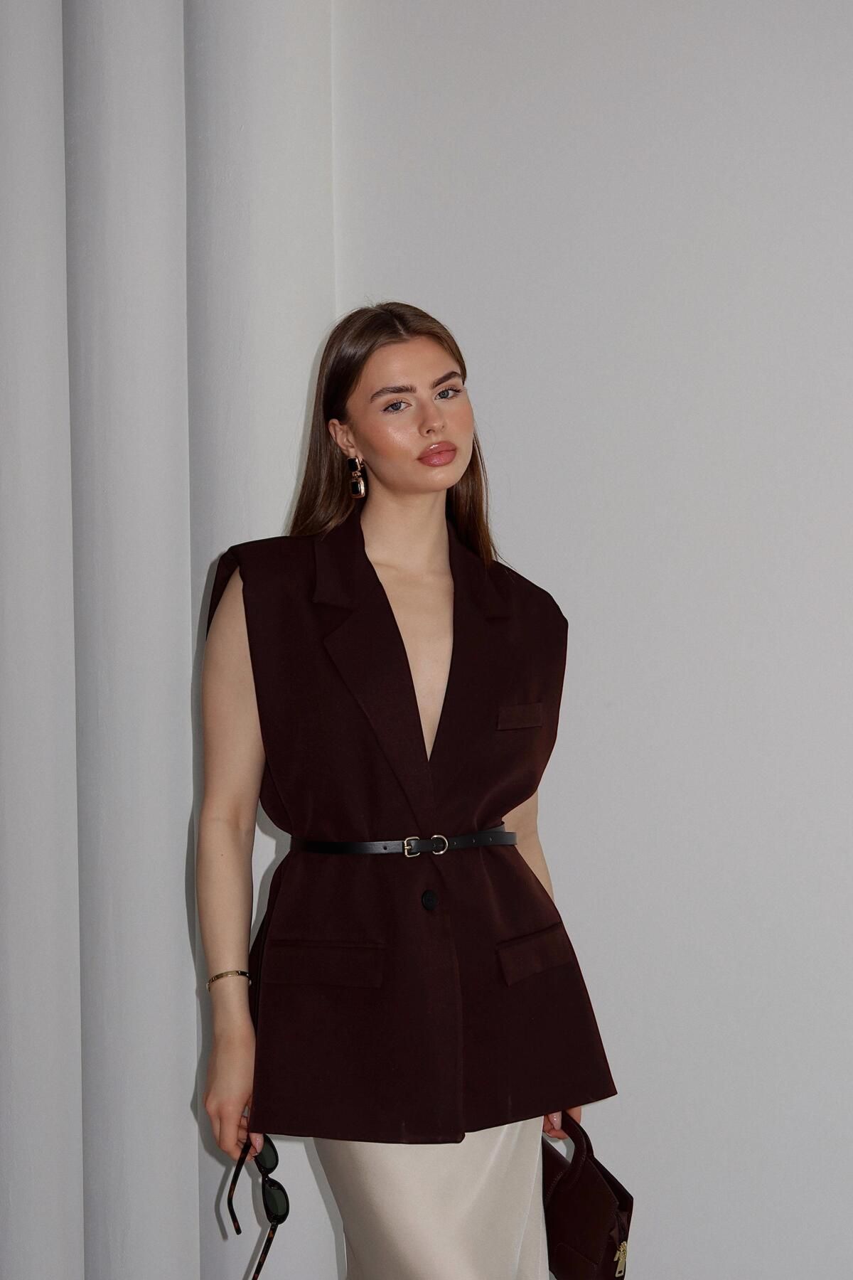 Finna & Co Aylana Kemerli Blazer Yelek Kahve