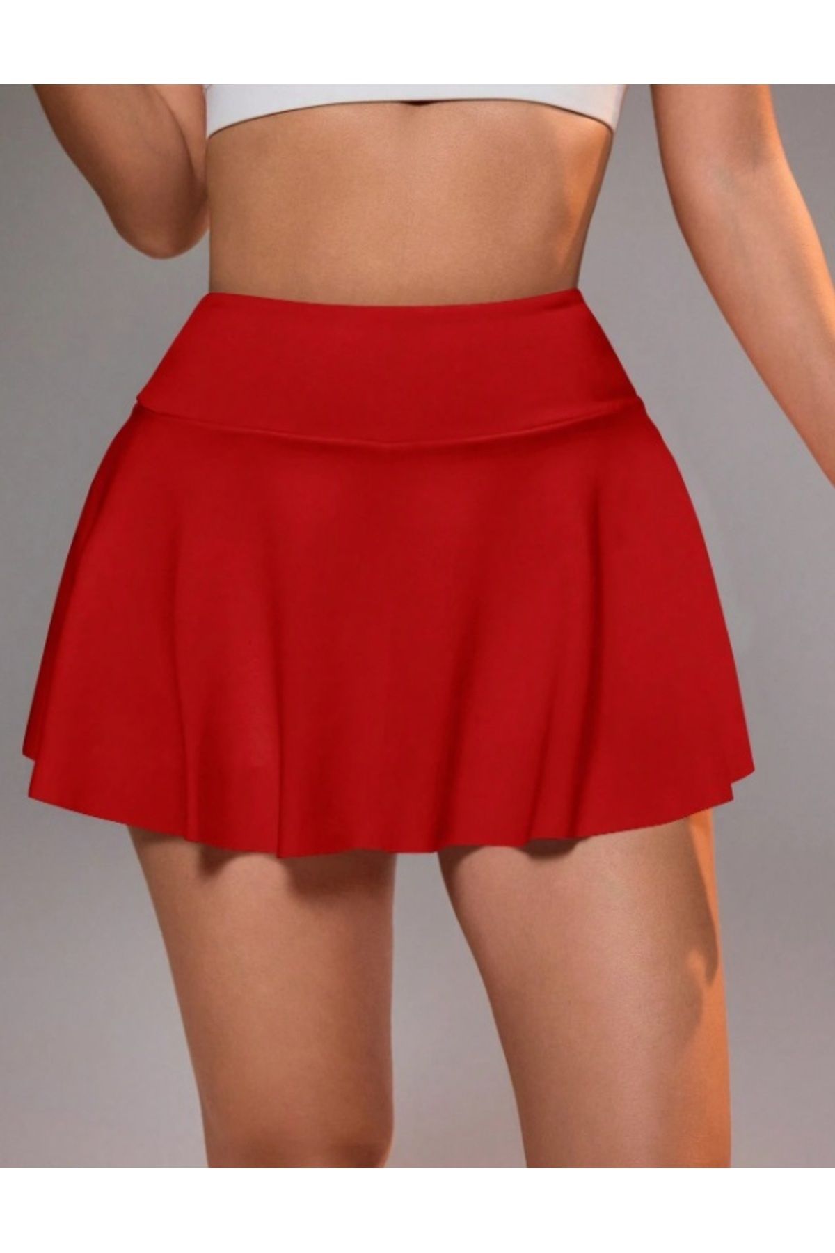 LADY HAZAL Kırmızı Darkalıp Yüksek Bel Tam Toparlayıcı Taytlı Deniz Şortu Lady Plaj Ve Spora Uygun Etek