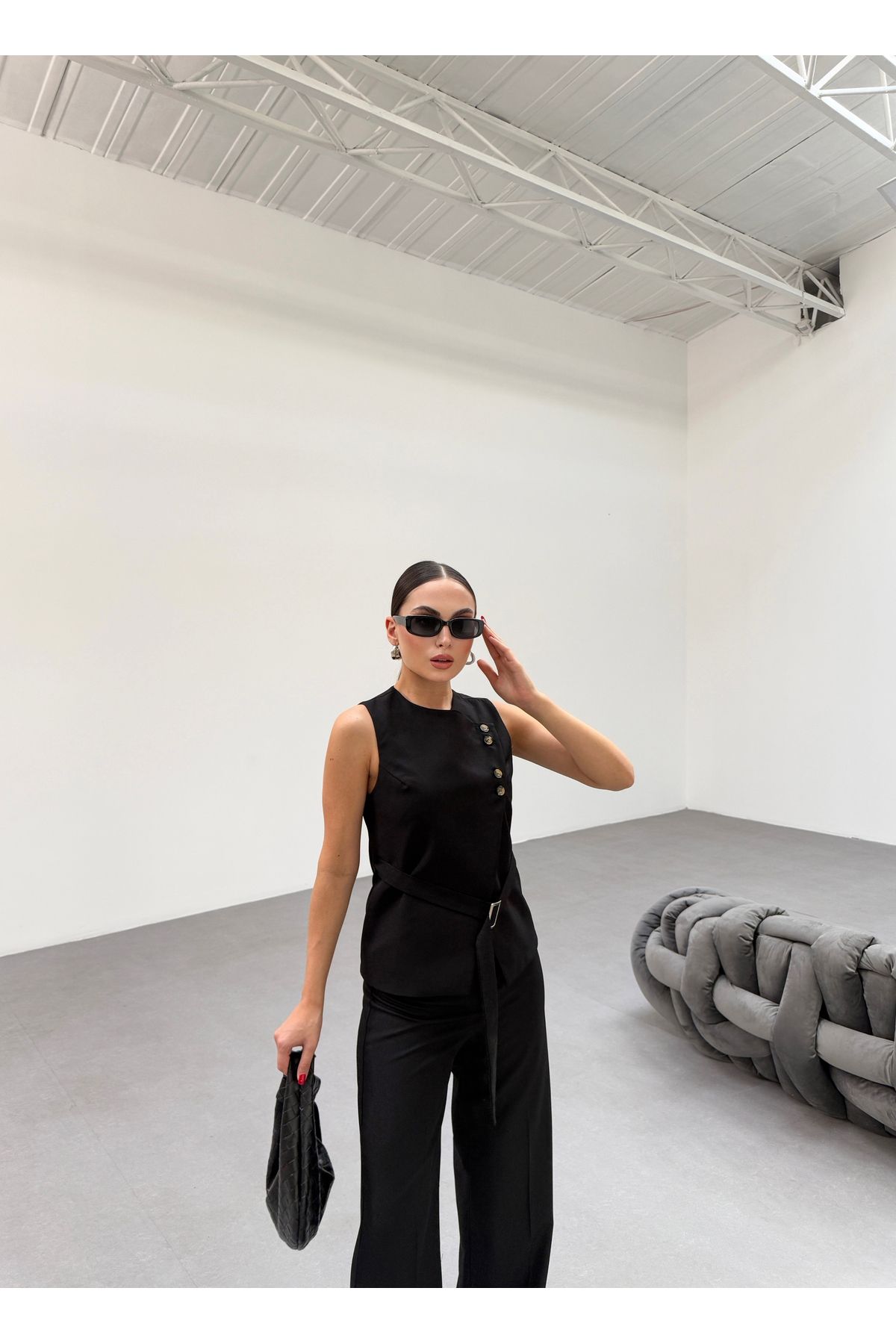 OUZ Fashion Kadın Kemerli ve Asimetrik Yelek