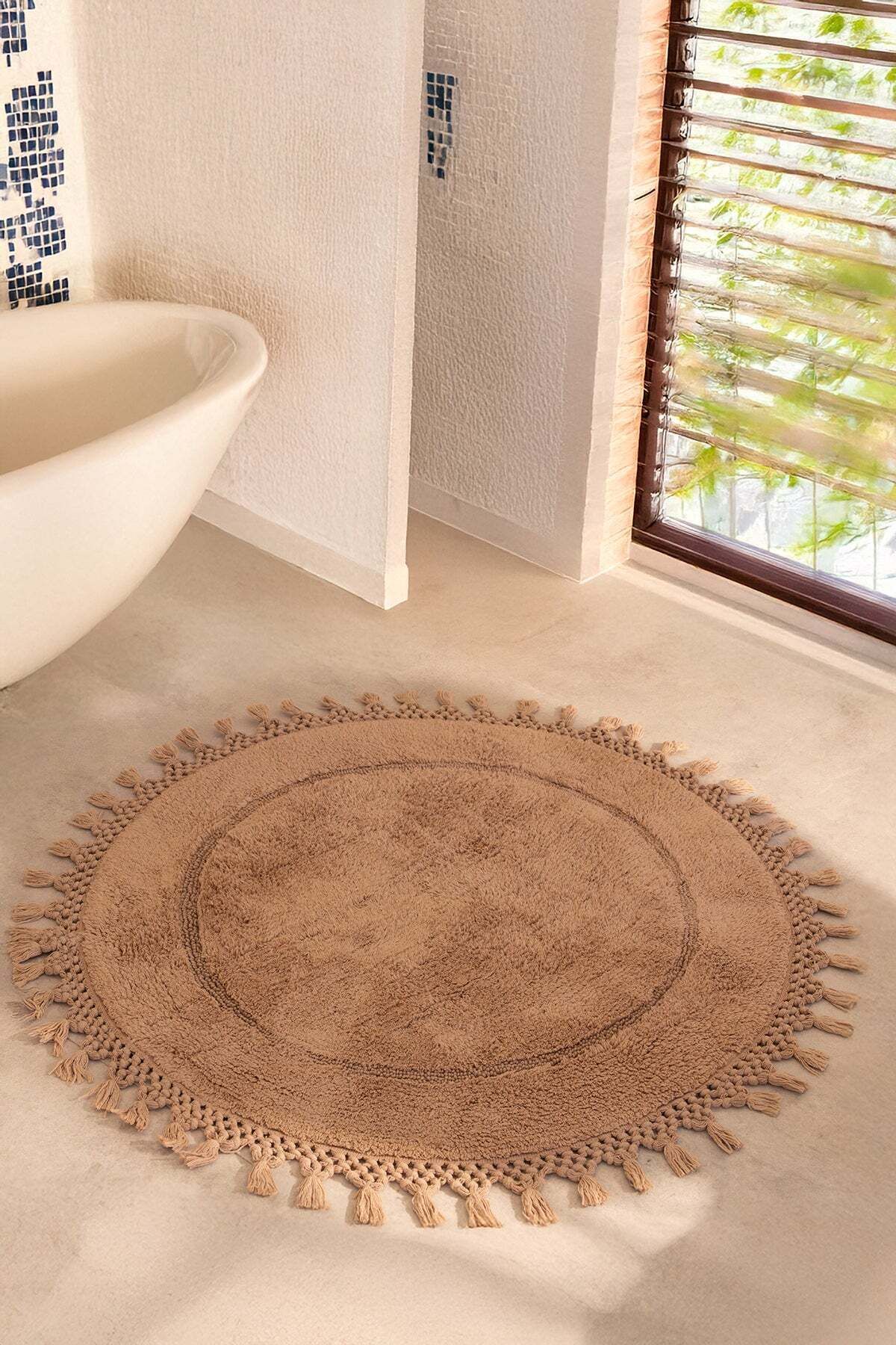 İrya Nora Yuvarlak Banyo Paspası %100 Pamuk 90x90 Bej