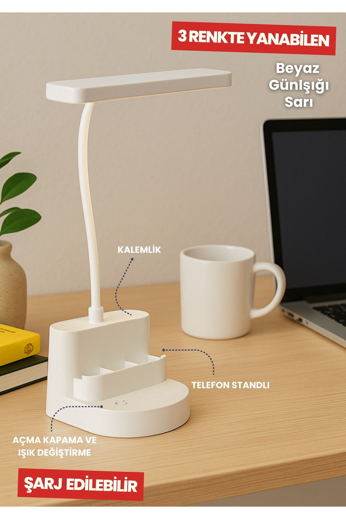 HOMİNG Şarjlı Masa Lambası 3 Renkli Işık Ayarlanabilir Telefon Tutuculu Kalemlikli Çalışma Okuma Işığı