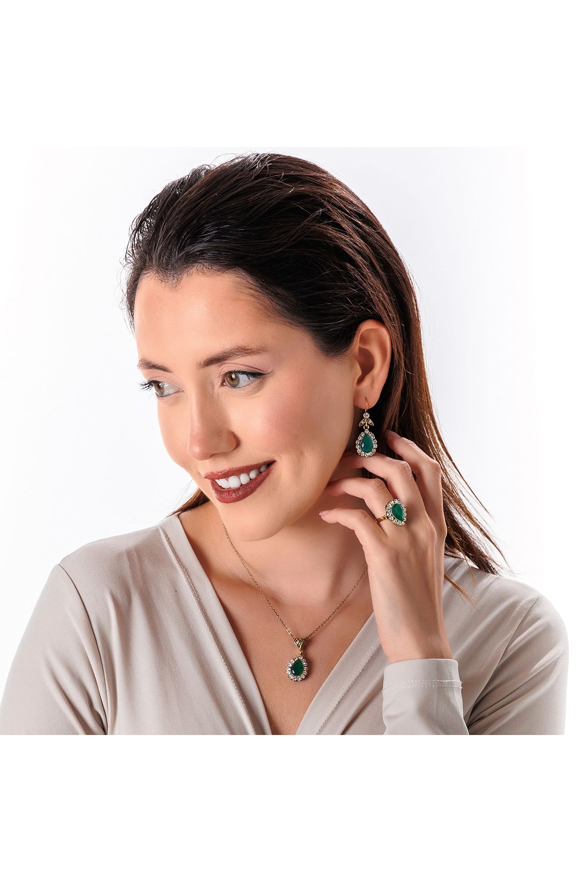 Atelier LEO Handmade Jewellery HÜRREM SULTAN YEŞİL TAKIM YÜZÜK NO:9 BAKIR EL YAPIMI KARARMA YAPMAZ KADIN TAKI SETİ