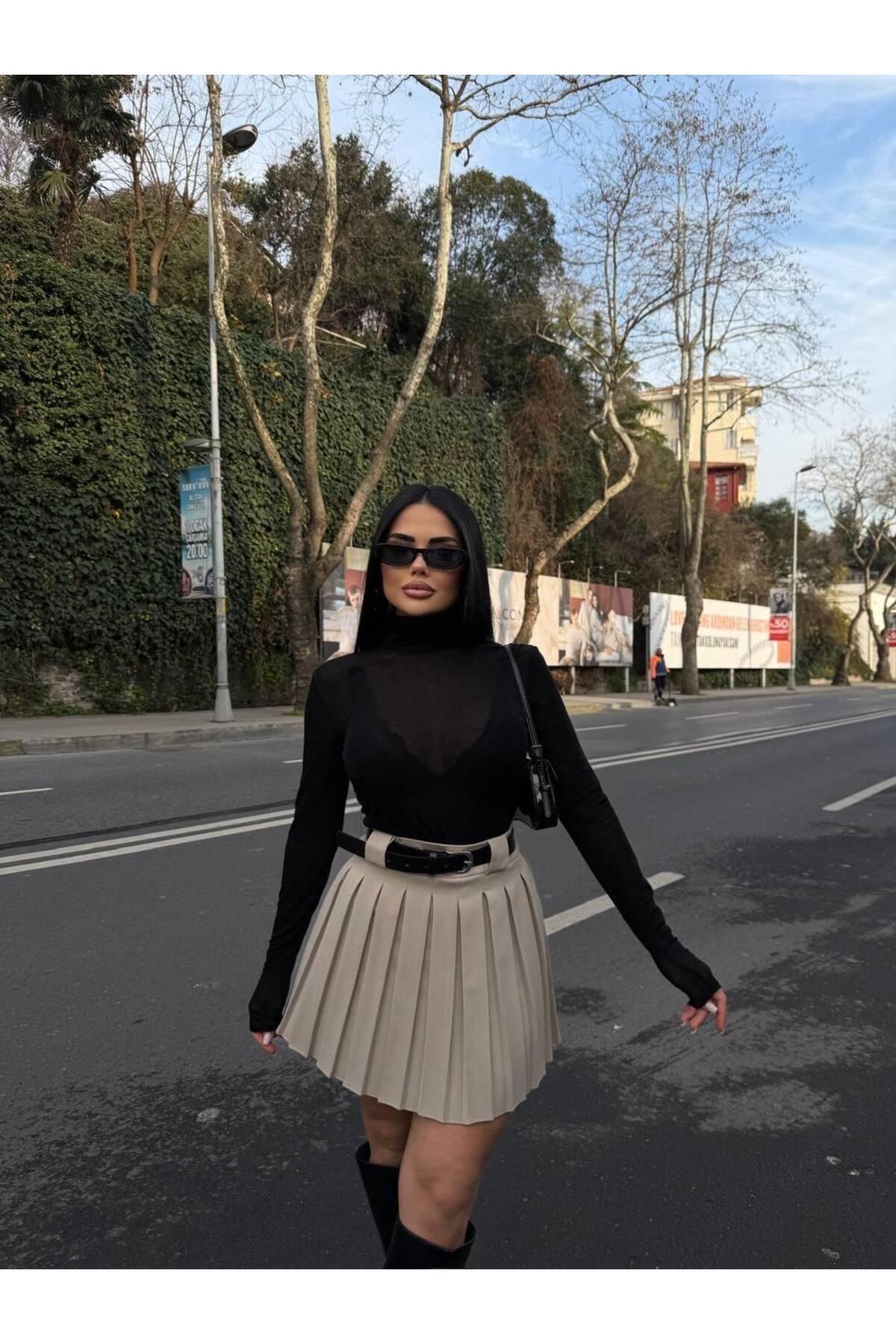 ALREMİYA Kadın Pileli Kemerli Kısa Etek