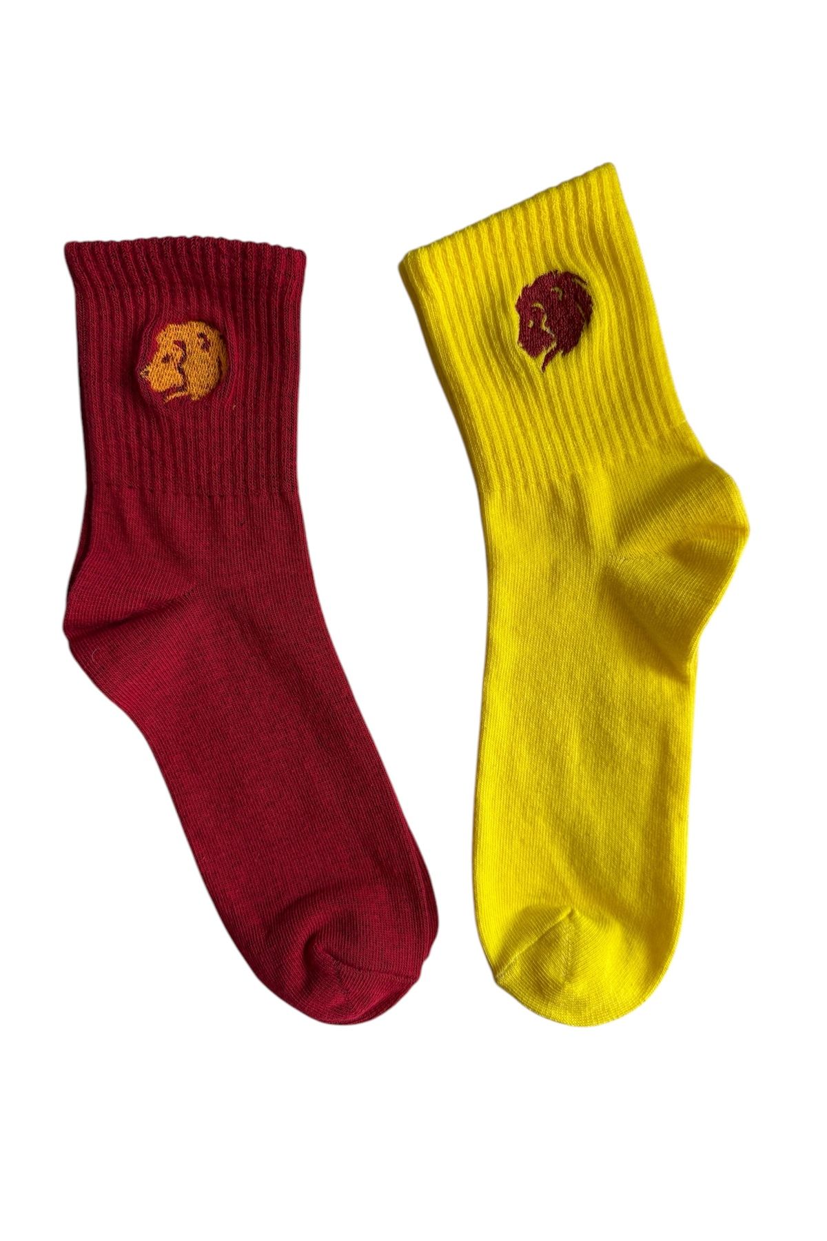 AYDK Taraftar 2 Çift Sarı Kırmızı Aslan Nakışlı Casual Yazlık Kışlık Unisex Soket Tenis Taraftar Çorap