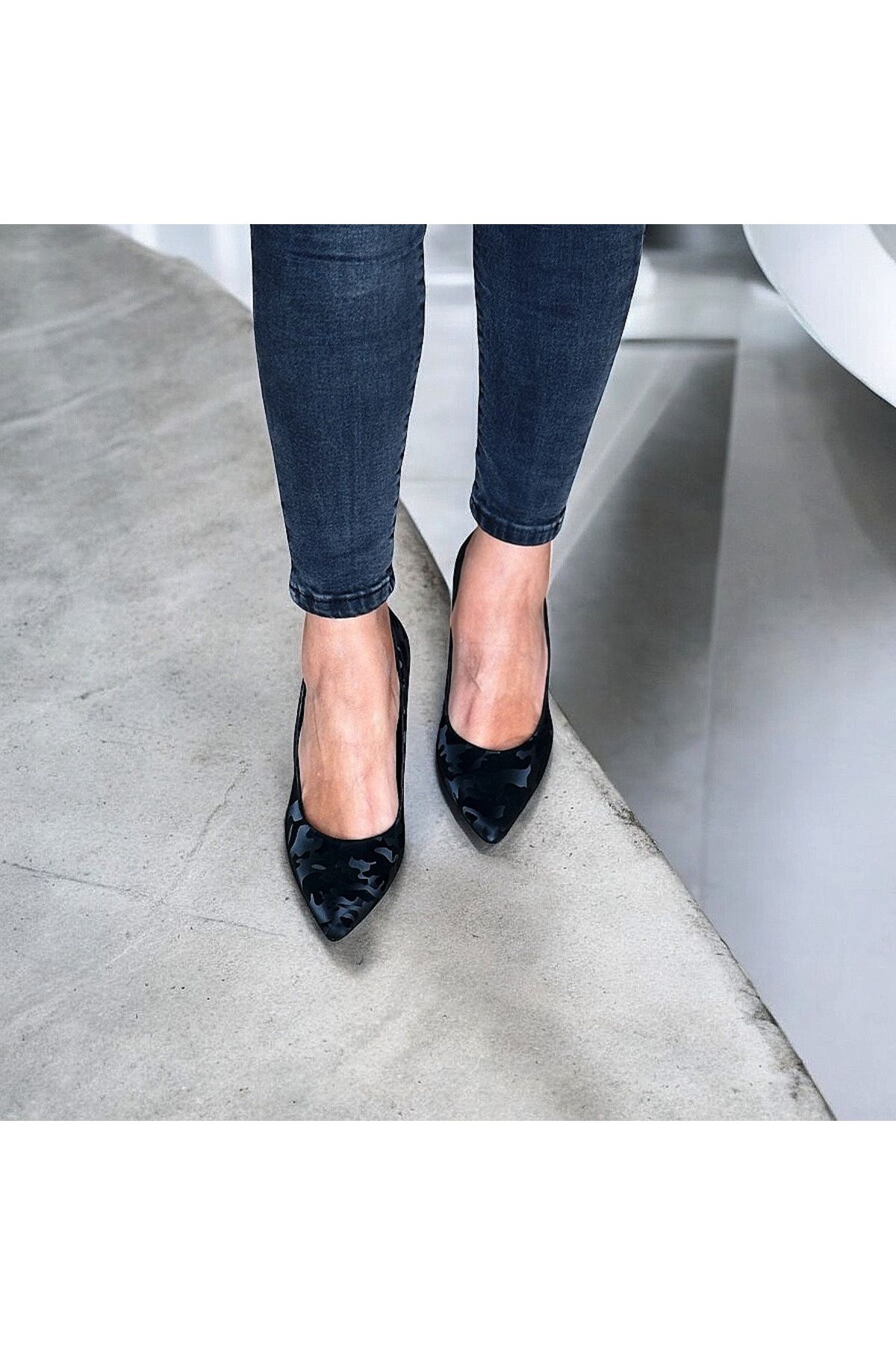 NEVE SHOES Siyah Hakiki Deri kamuflaj Desen Stiletto