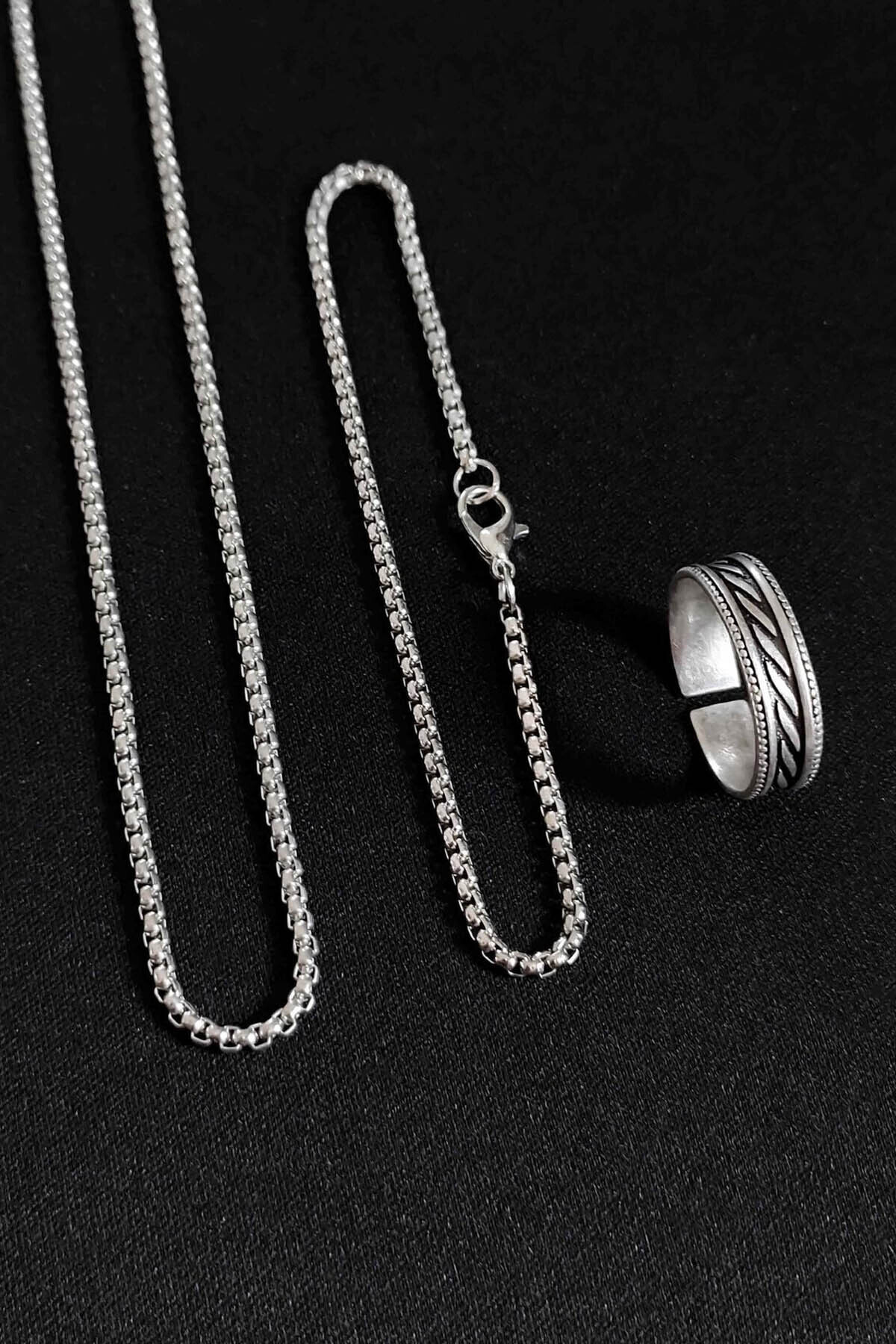 TREND COLLECTİON Çizgi Şerit Desenli Gümüş Kaplama Ayarlanabilir Klasik Erkek Alyans Yüzük Kolye ve Bileklik Set