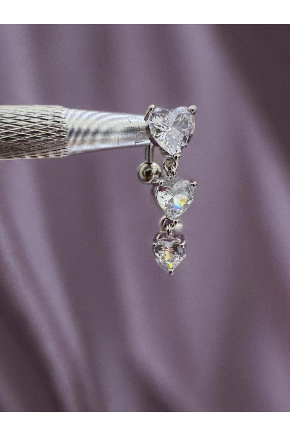 Arescollection cerrahi çelik üstten takmalı zirkon taş kalpli göbek piercingi