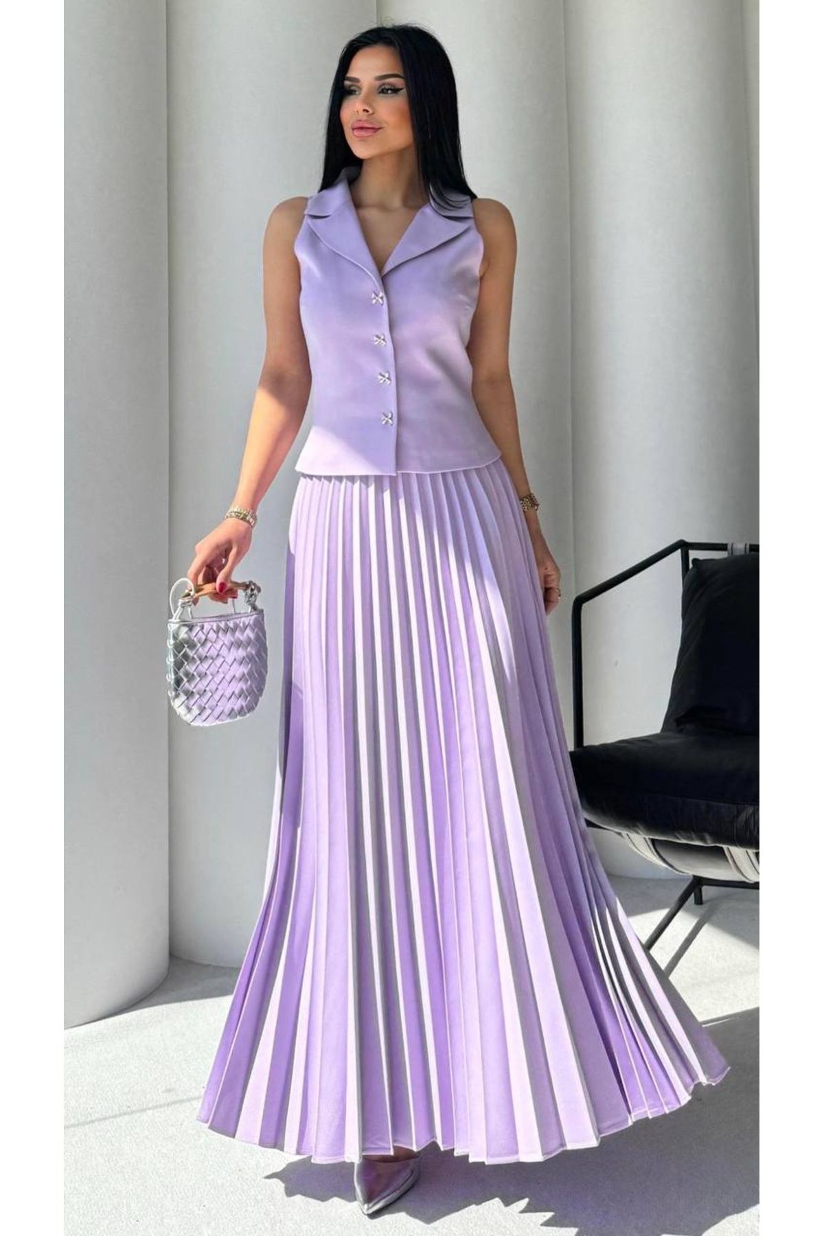 şems fashion atlas kumaş yelek ve etek takım klasik takım takım