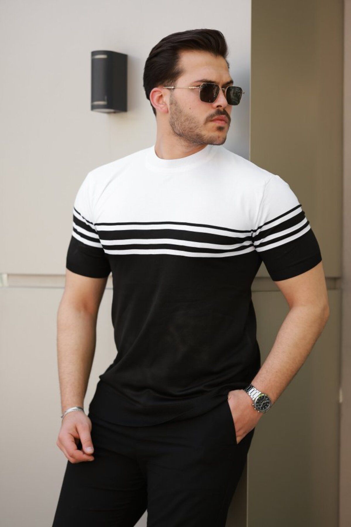 Kokosh moda Erkek Çizgili Kısa Kollu T-Shirt