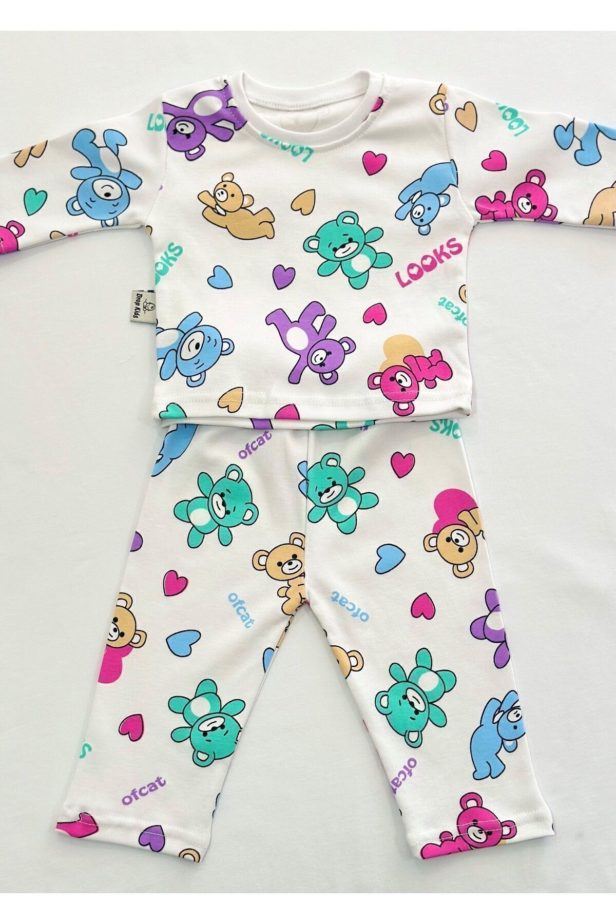 Drop Kids Bebek Pijama Takımı Renkli Ayıcık Desen %100 Pamuk Yenidoğan Çocuk Pijama fotoğrafı 3 (önizleme)