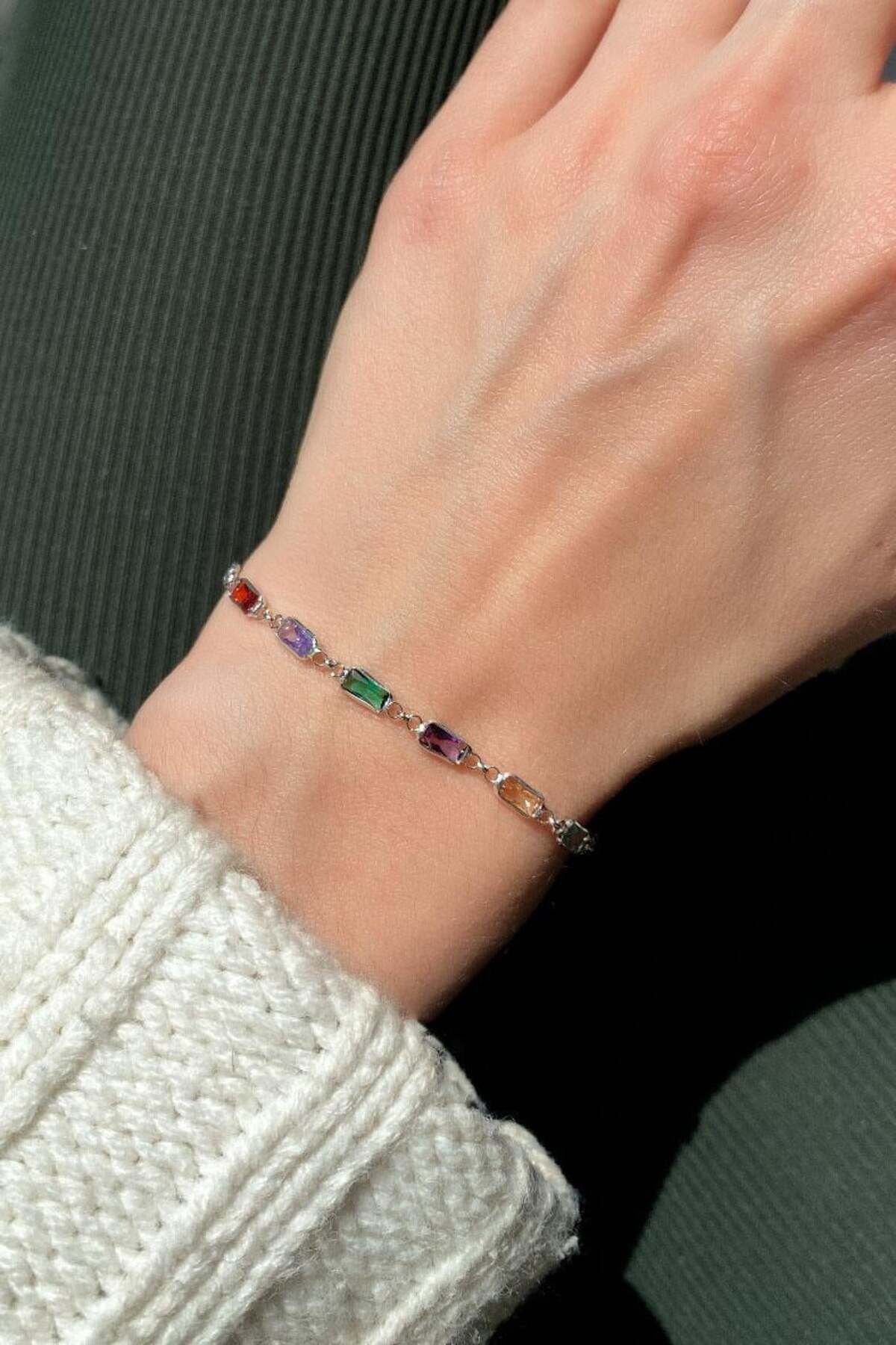 Spossy Silver Jewelry Renkli Dikdörtgen Taşlı Bileklik