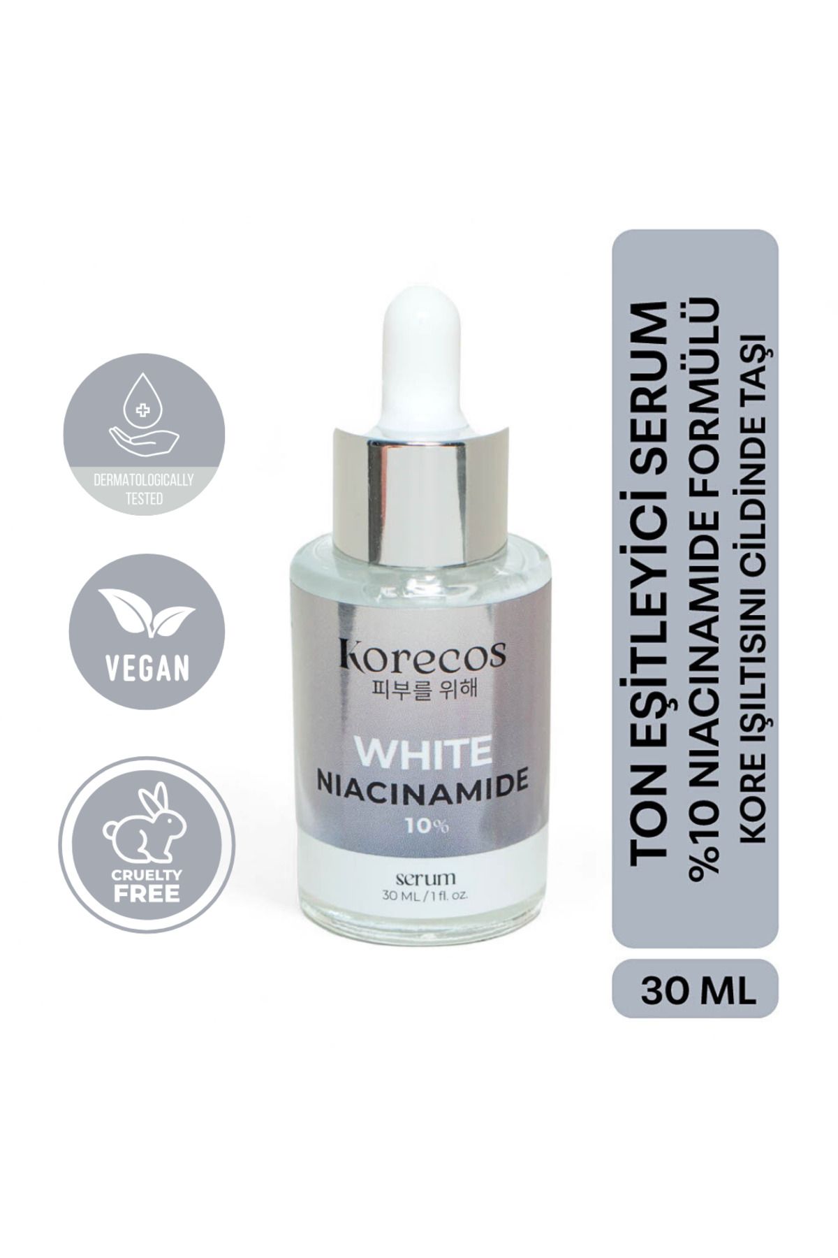 KORECOS Ton Eşitleyici, Gözenek Sıkılaştırıcı, Leke Görünümünü Azaltan %10 Niacinamide White Serum Kore