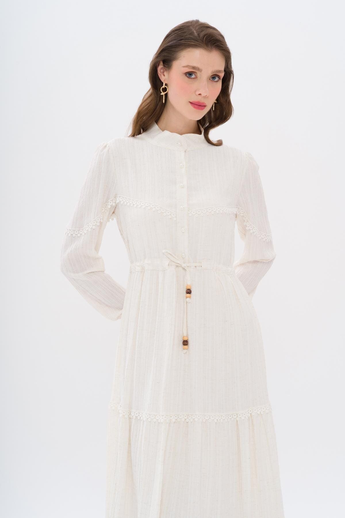 Olcay-Gerafftes Kleid in Leinenoptik mit Muscheldetail an der Taille, Creme 9235-e 3