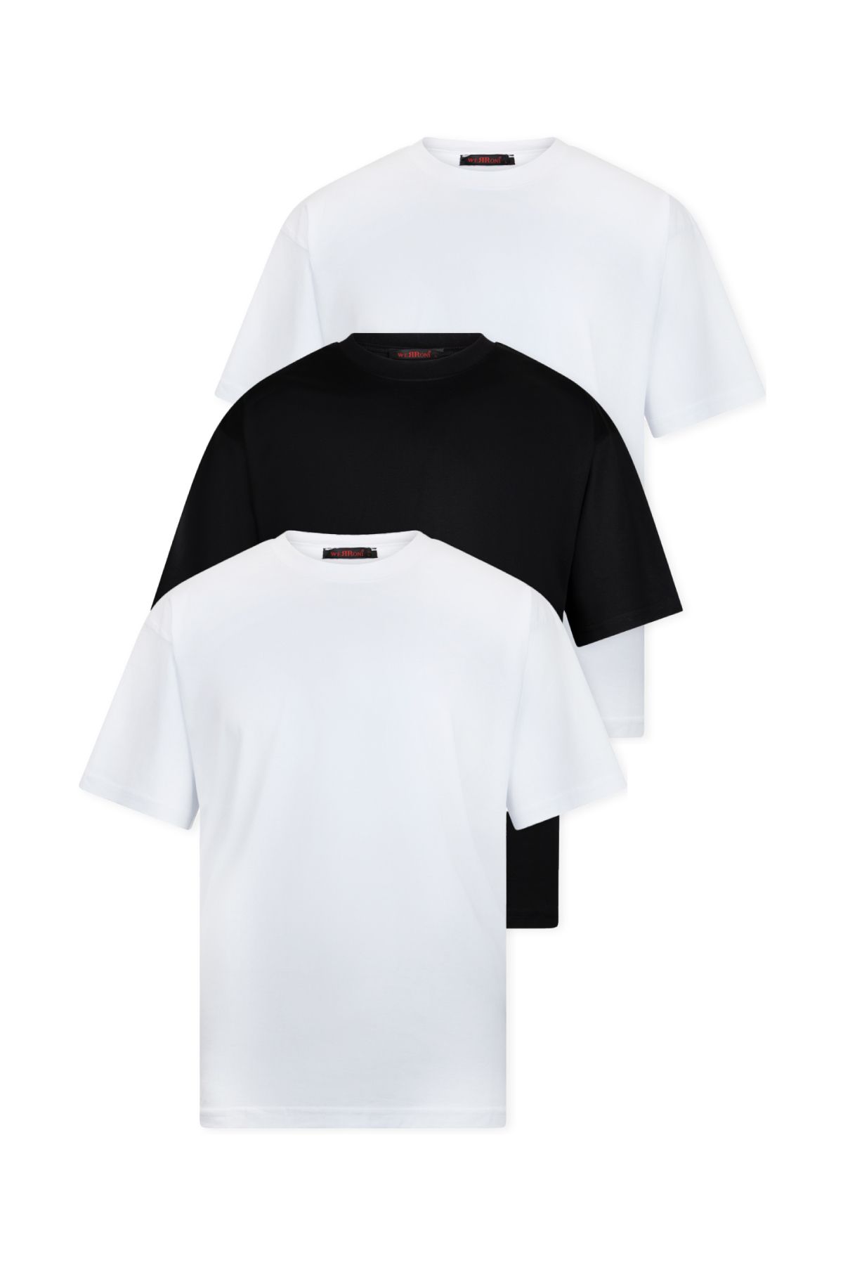 WERRONİ 3'lü Set Oversize Basic T-Shirt, Beyaz - Siyah - Beyaz
