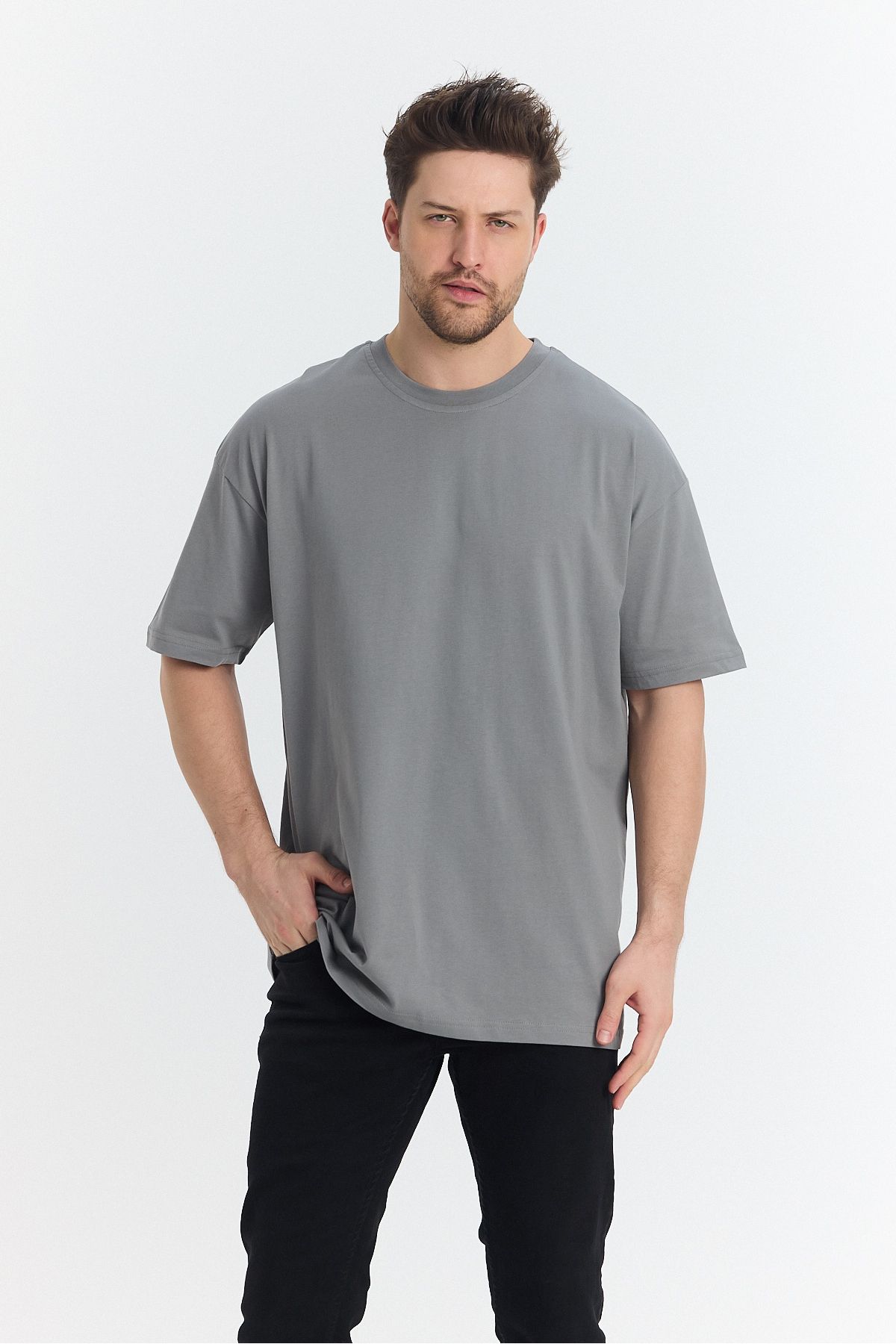 Butik Erkek Açık Gri Bisiklet Yaka Basic Oversize T-shirt