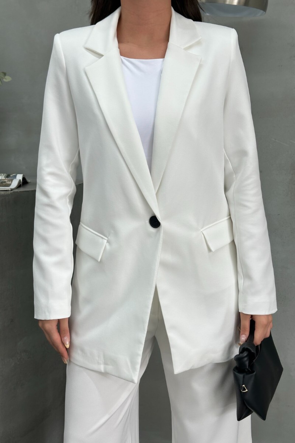Blazer Veste Femme Blanc Coupe Décontractée Un Bouton Doublé - Görsel 3