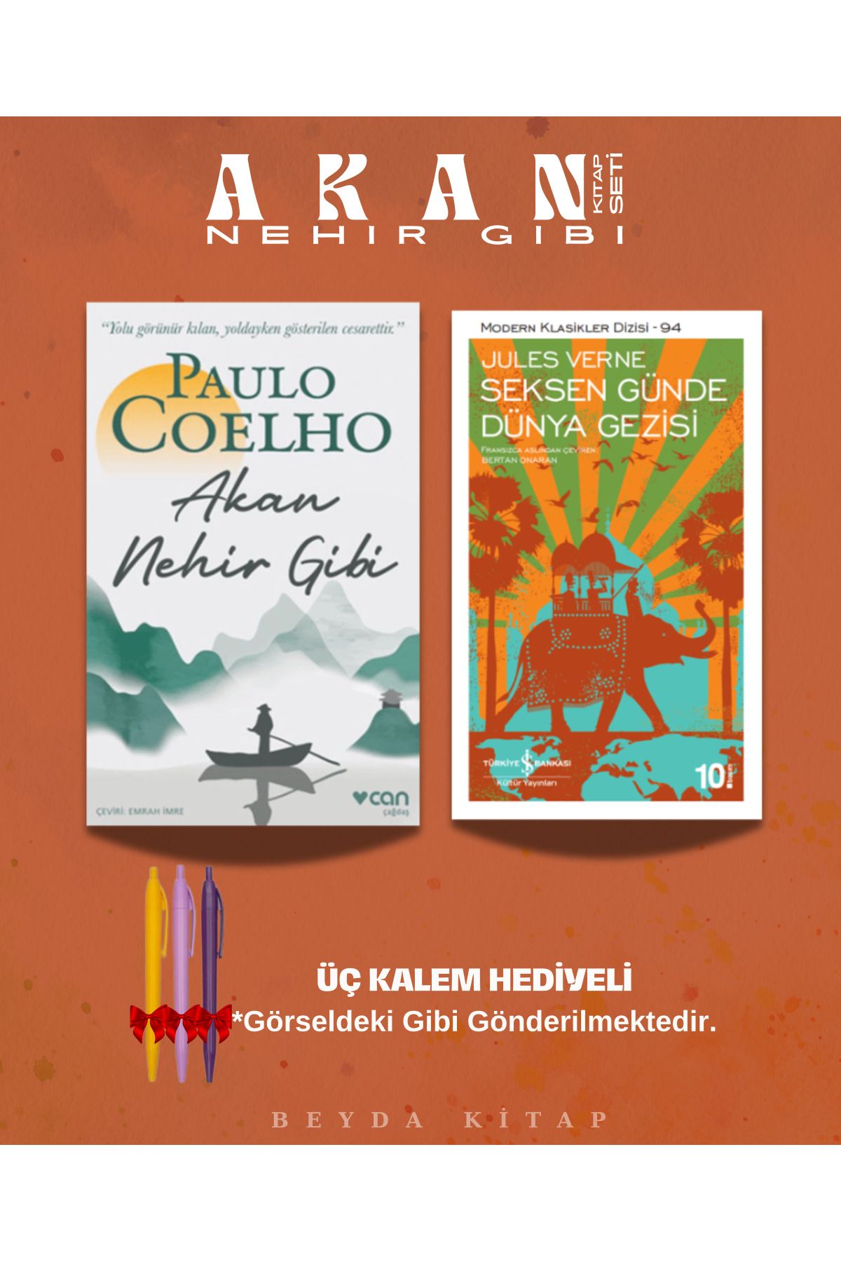 TÜRKİYE İŞ BANKASI KÜLTÜR YAYINLARI Akan Nehir Gibi - Seksen Günde Dünya Gezisi - Paulo Coelho - Kalem Hediyeli - Kitap Seti