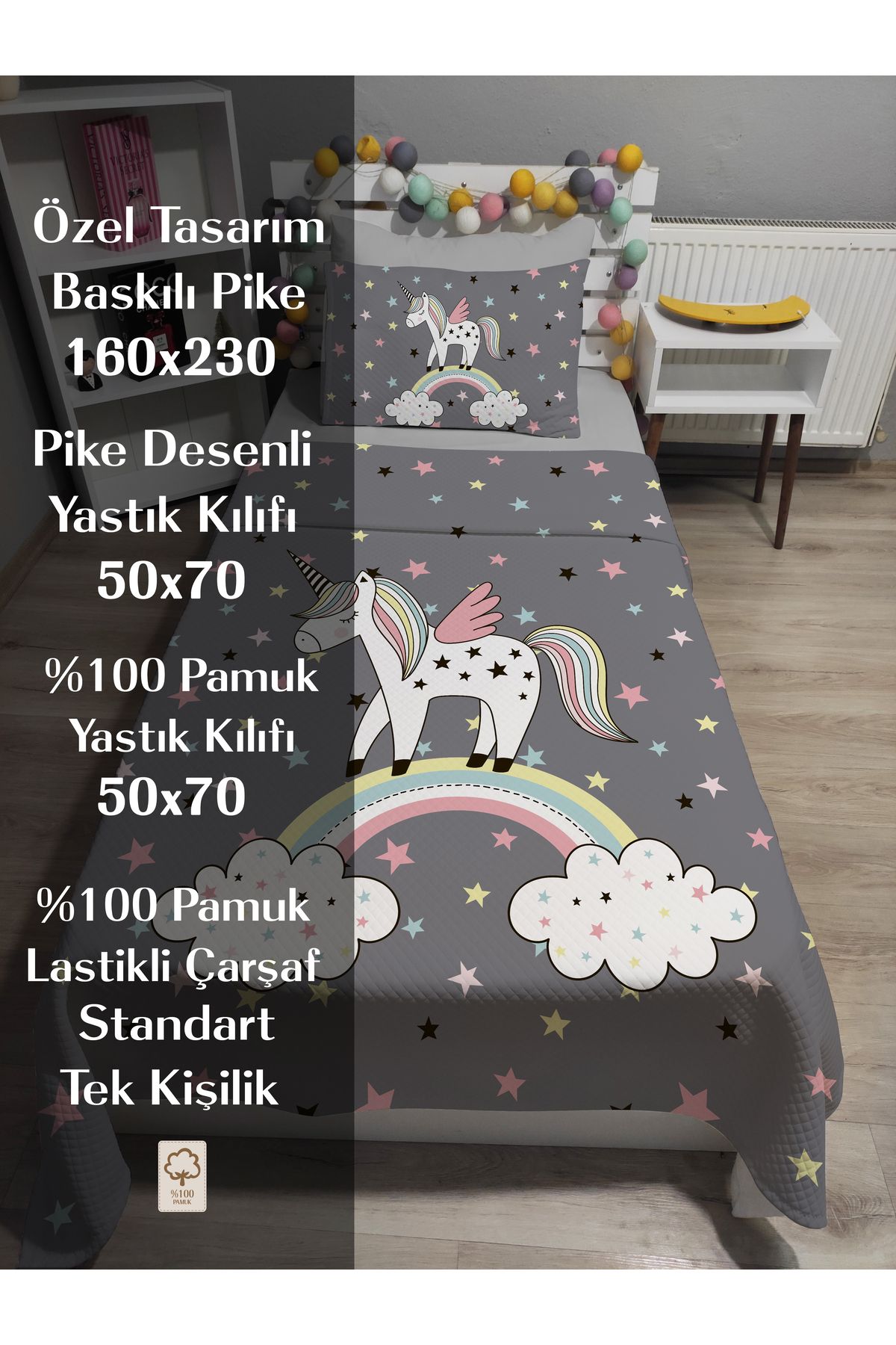 yok yok evim eve dair her şey-4 Piece Unicorn Patterned Single Pique Bedspread Set with Elastic Sheets 3