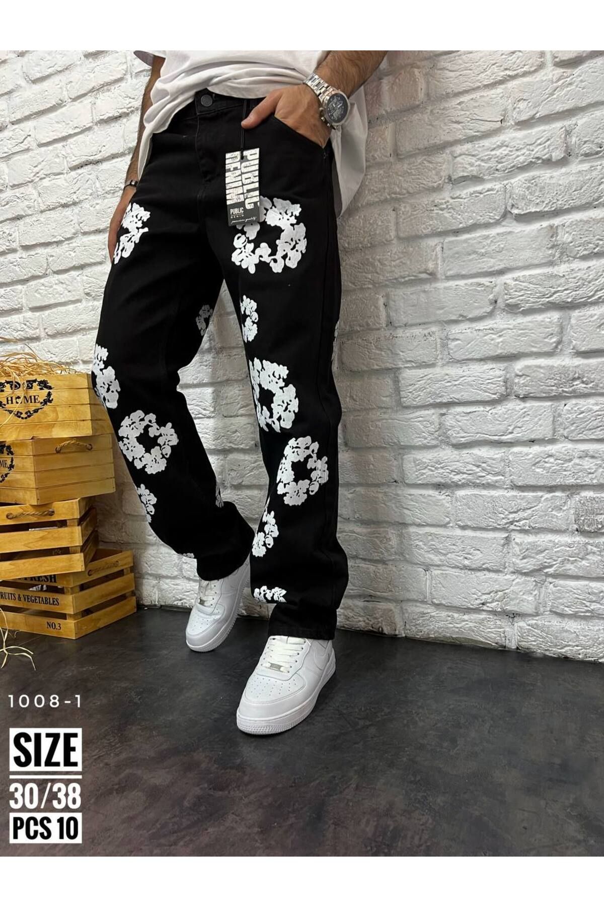fame-stoned New Super Baggy (Bol Kalıp) Unisex Desenli Siyah Pantolon