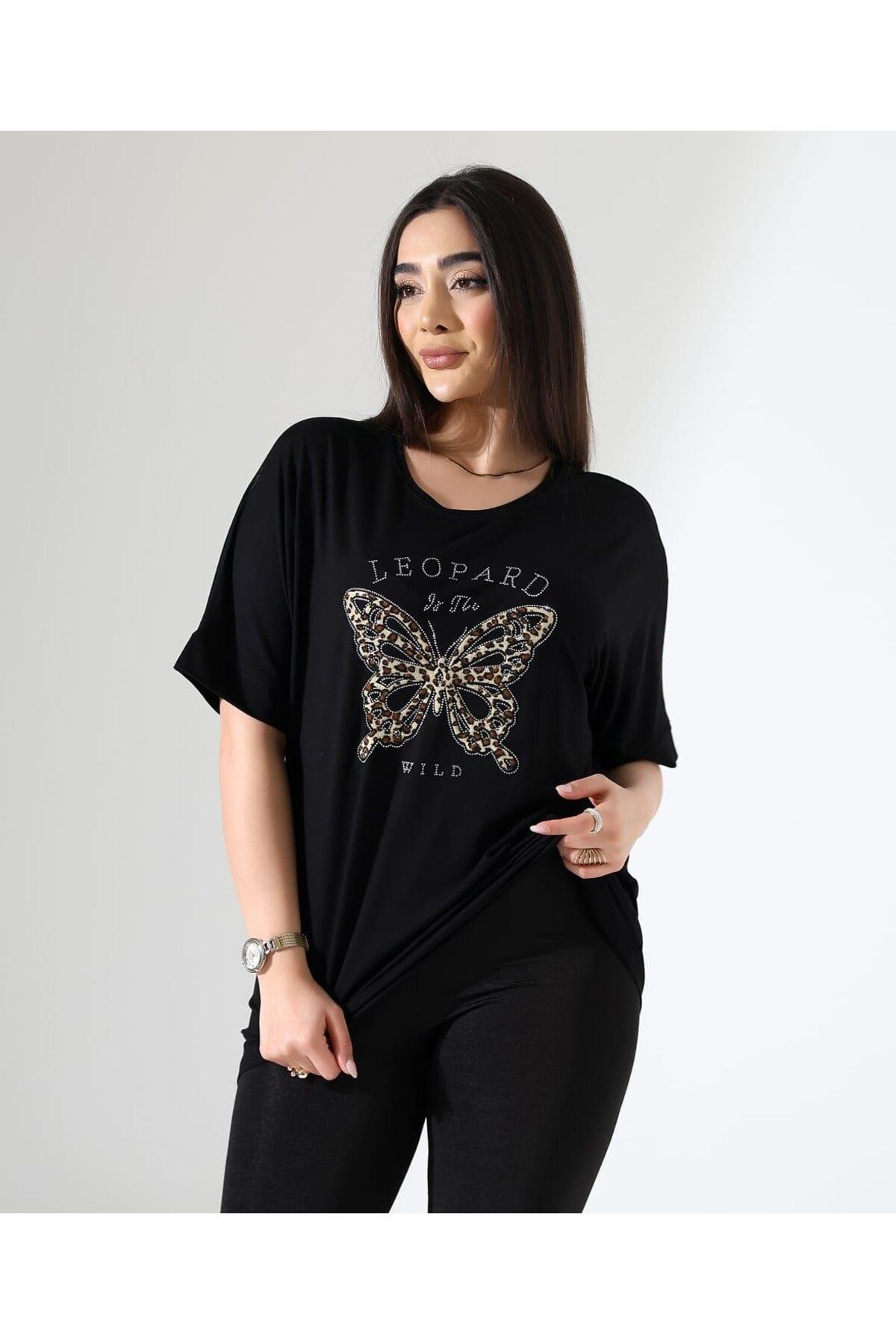 Elaxi Leopar Kelebek Desenli Bluz